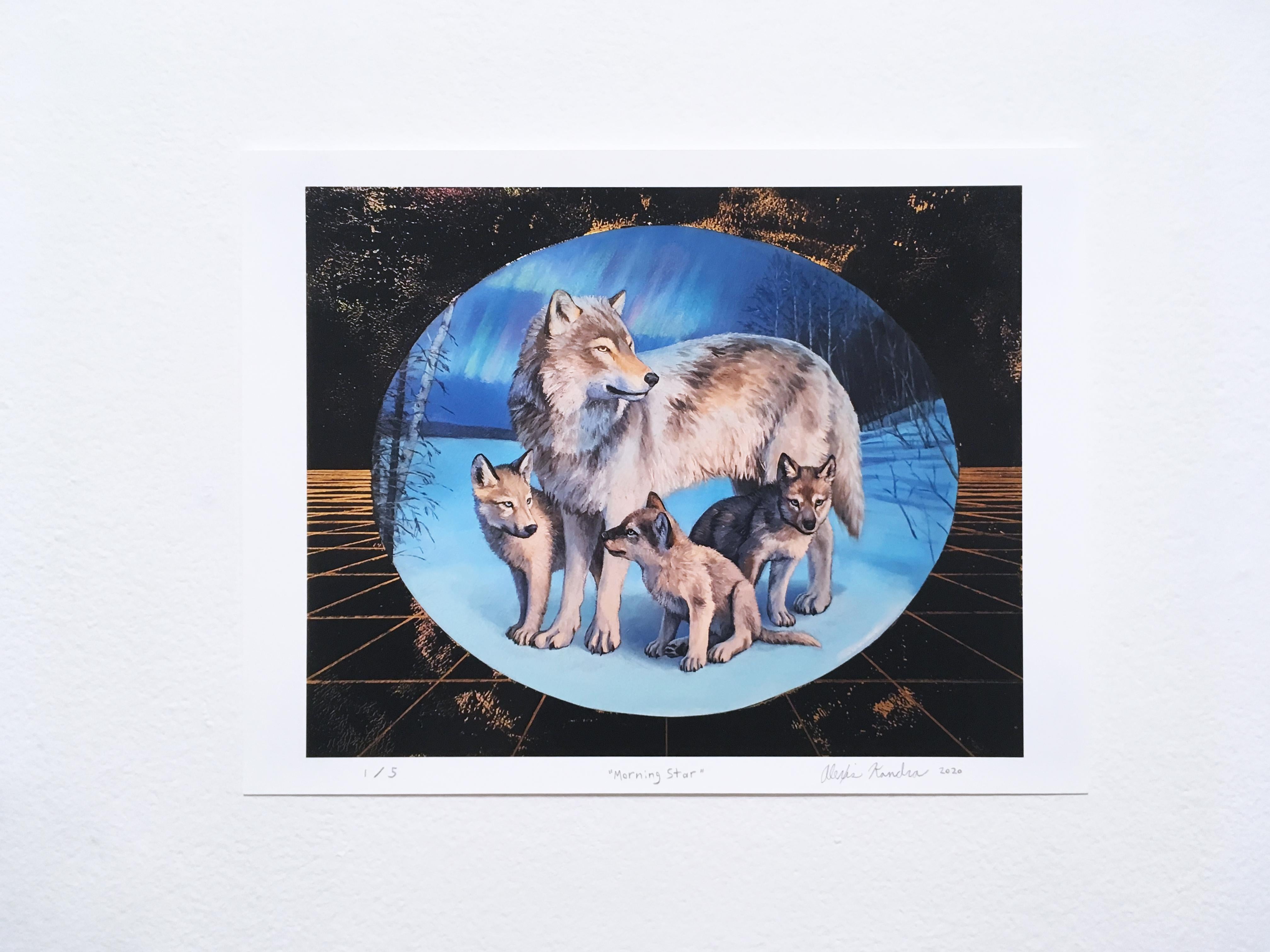 Morning Star, landscape, skyscape, mother wolf, cubs, wildlife, gold, blue print - Contemporary Print by Alexis Kandra