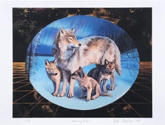 Morning Star, landscape, skyscape, mother wolf, cubs, wildlife, gold, blue print