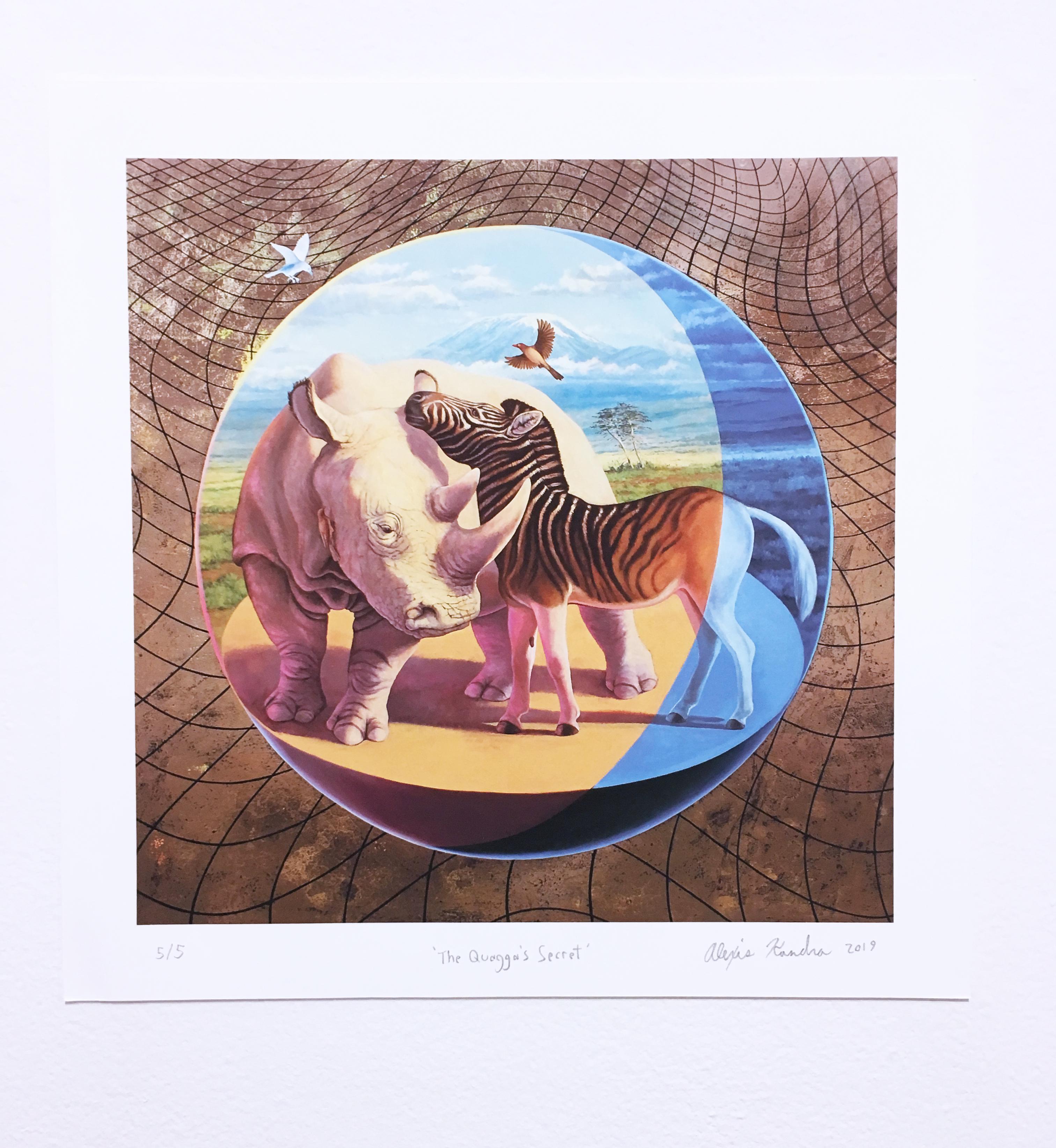 Quagga's Secret, landscape, skyscape, zebra, rhinoceros, wildlife, gold metallic - Print by Alexis Kandra