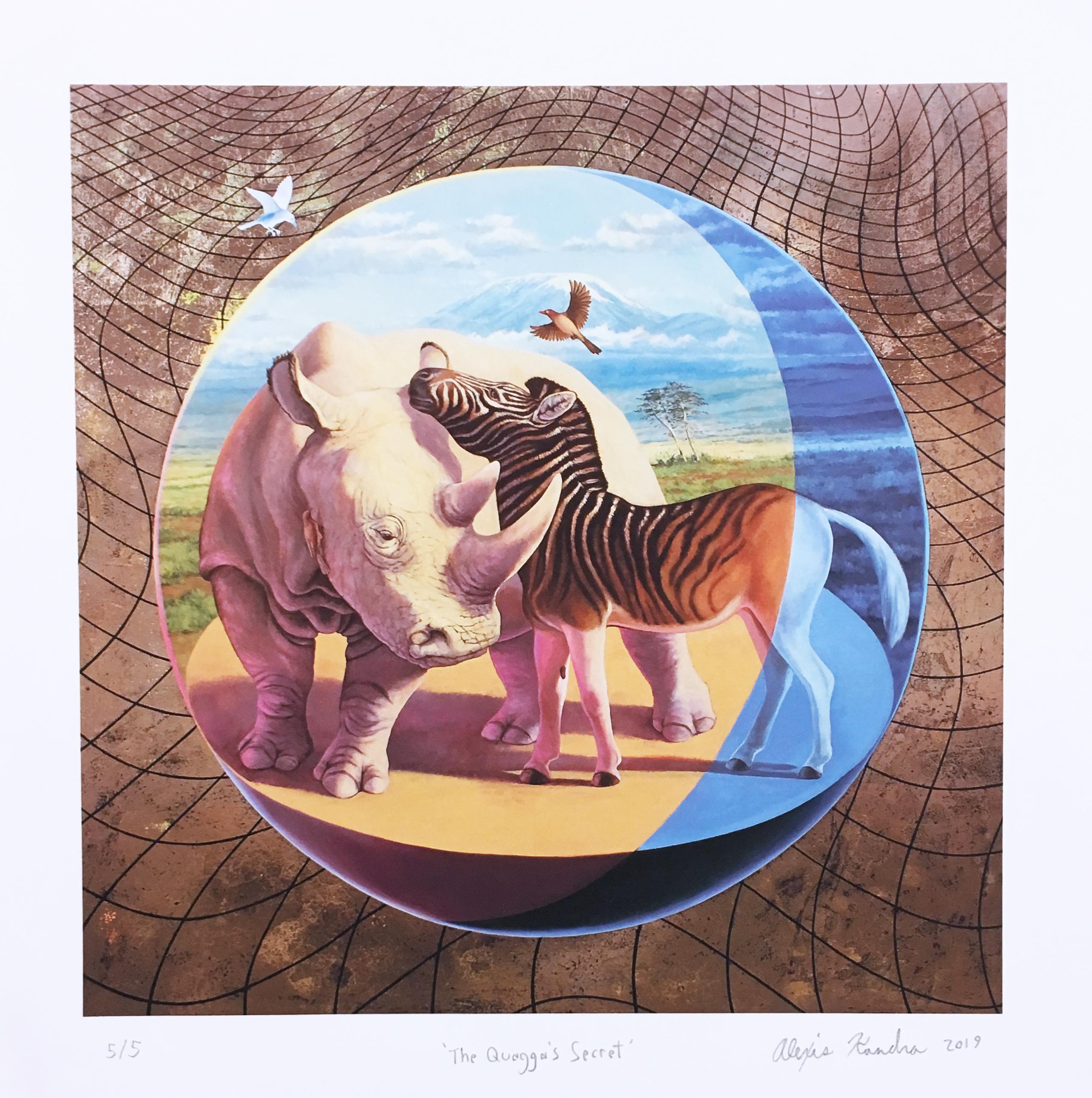 Alexis Kandra Animal Print – Quagga's Secret, Landschaft, Himmelslandschaft, Zebra, Rhinoceros, Wildtiere, Goldmetallic