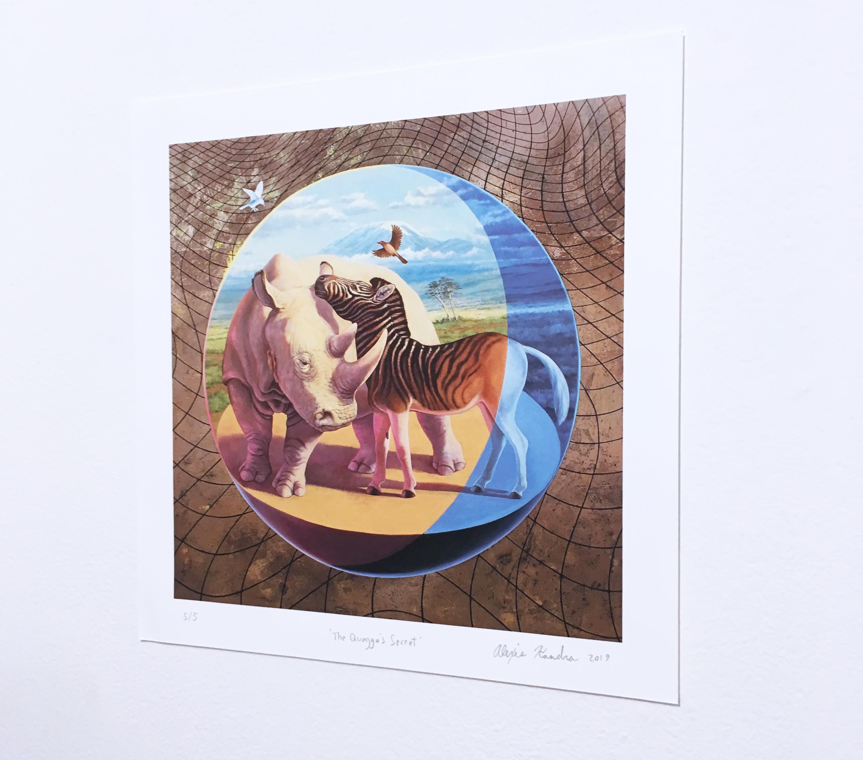 Quagga's Secret, landscape, skyscape, zebra, rhinoceros, wildlife, gold metallic - Contemporary Print by Alexis Kandra
