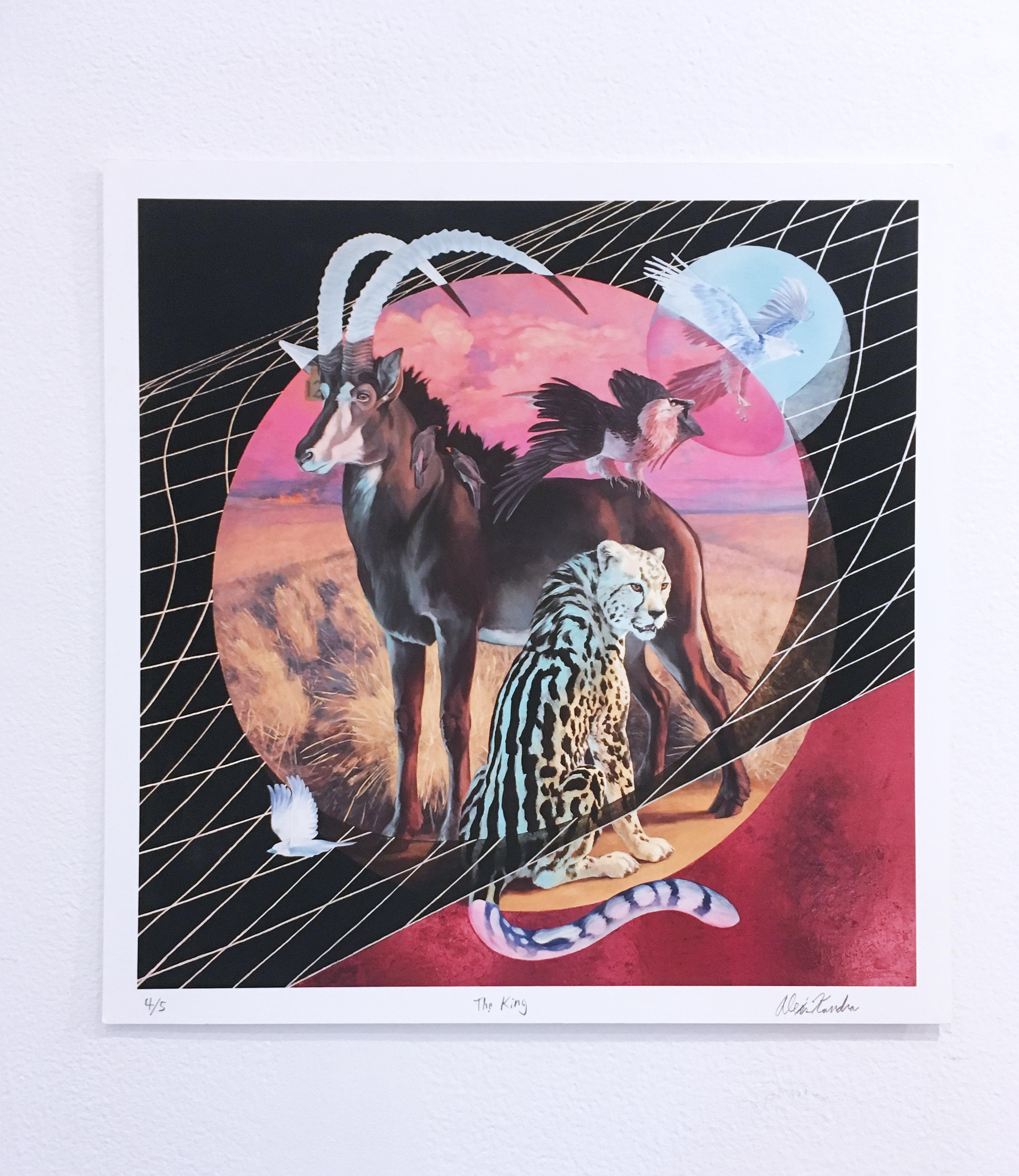 The King, 2018, landscape, wildlife, gold, red, pink, orange, black, print - Print by Alexis Kandra