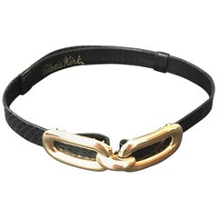 Alexis Kirk 1980s Brass Buckle on Black Snakeskin Adjustable Strap.