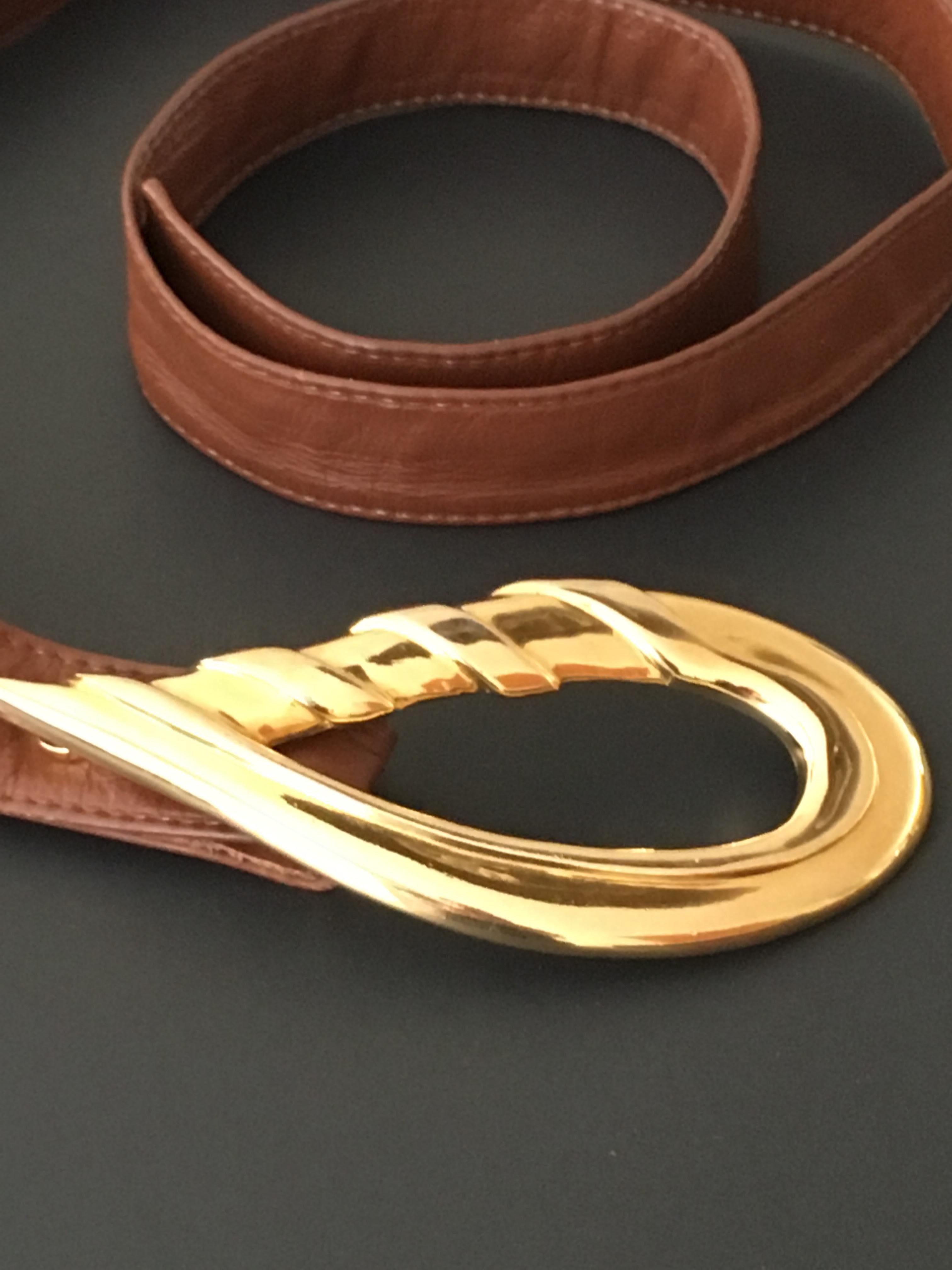 Brown Alexis Kirk 1980s Brass Buckle with Tan Leather Strap. For Sale