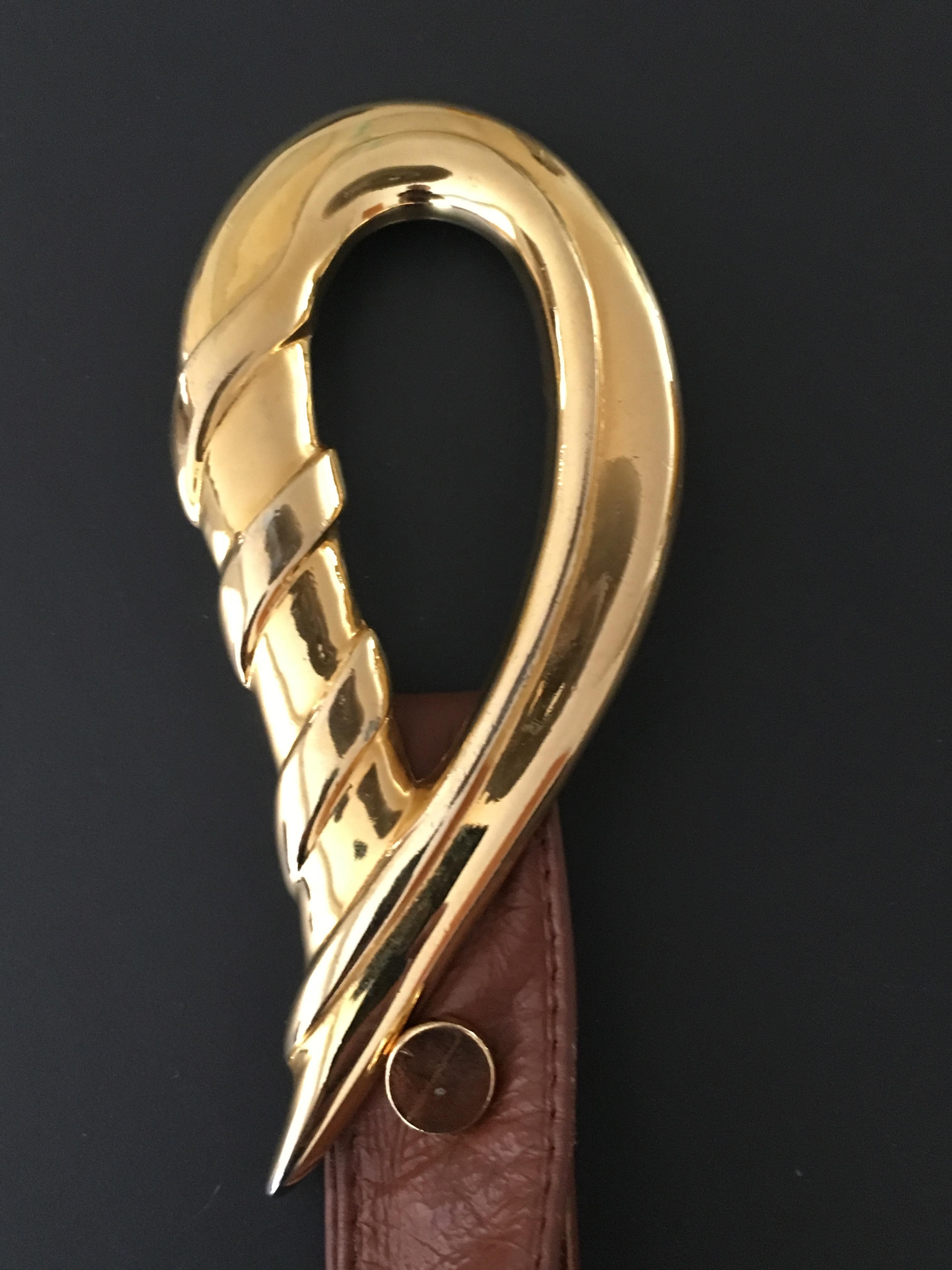 Women's or Men's Alexis Kirk 1980s Brass Buckle with Tan Leather Strap. For Sale