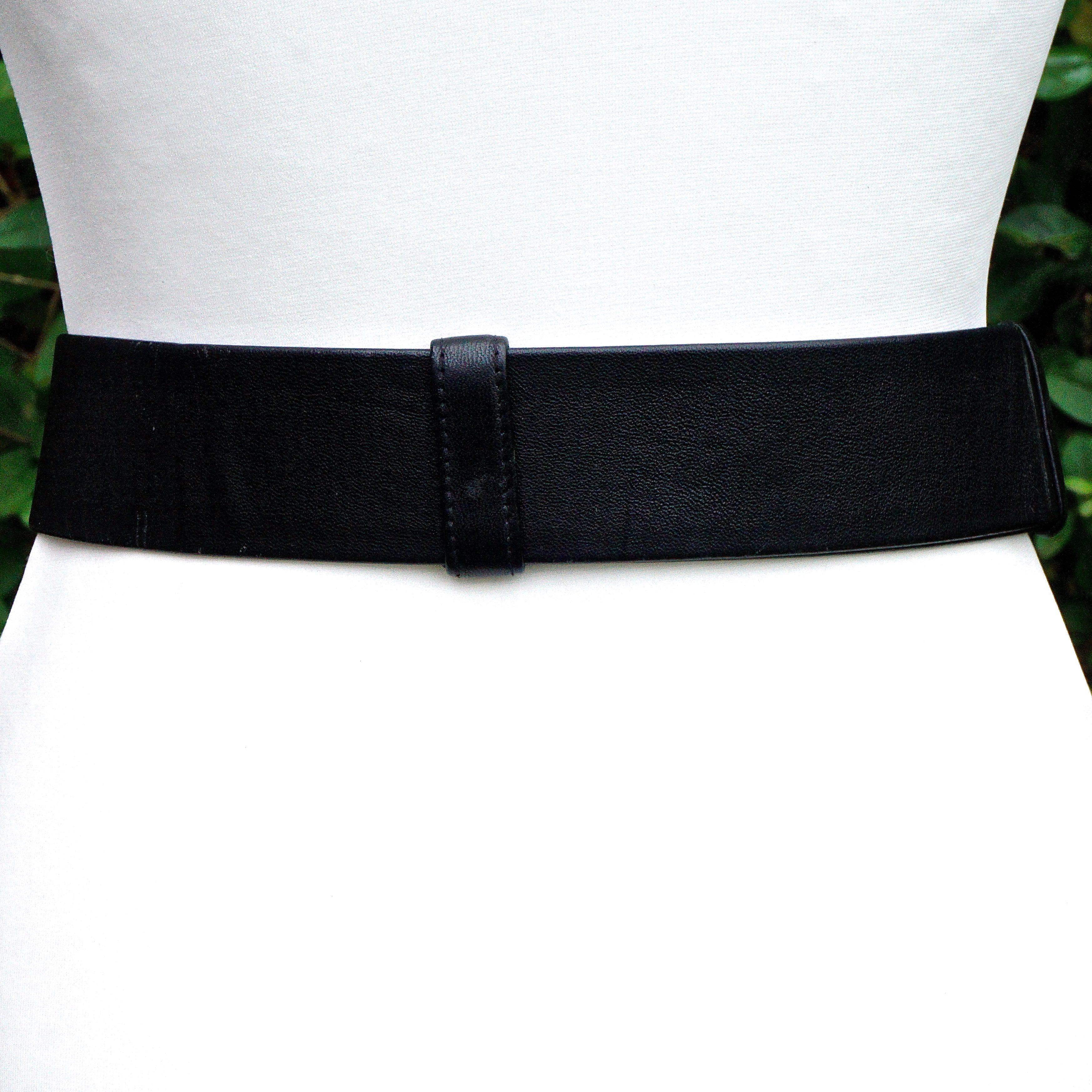 Alexis Kirk Black Leather Belt with Semi Precious Stones Buckle circa 1980s For Sale 4