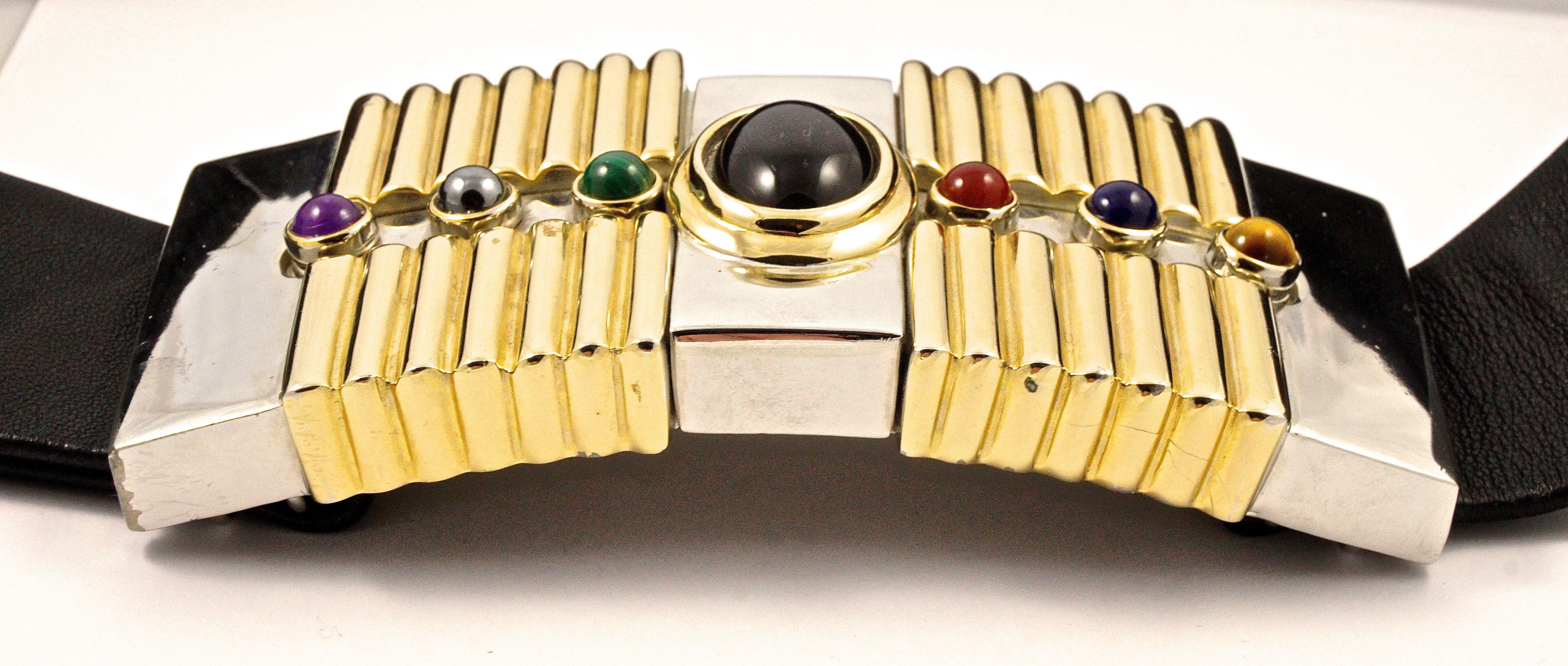 Beige Alexis Kirk Black Leather Belt with Semi Precious Stones Buckle circa 1980s For Sale