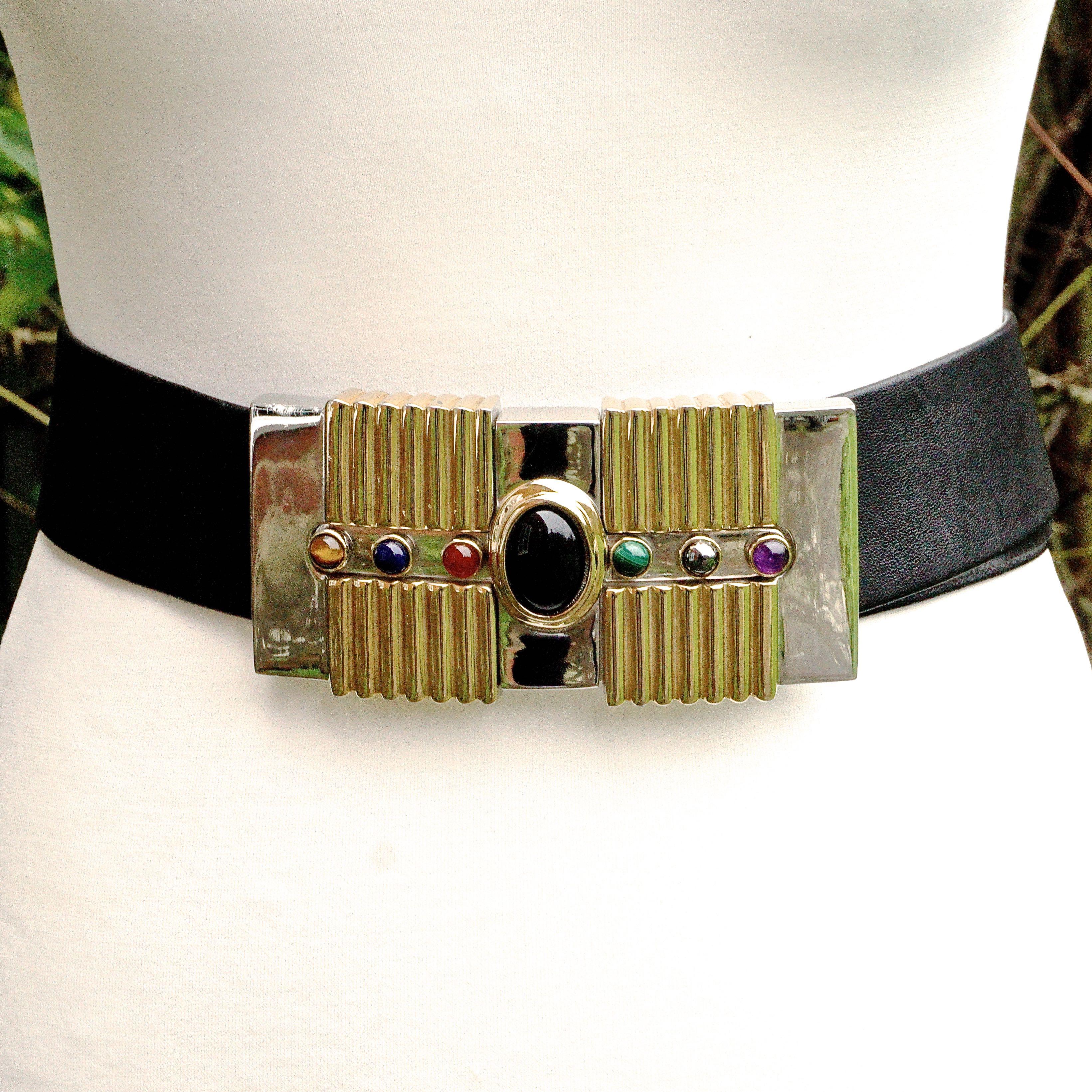 Alexis Kirk Black Leather Belt with Semi Precious Stones Buckle circa 1980s For Sale 2