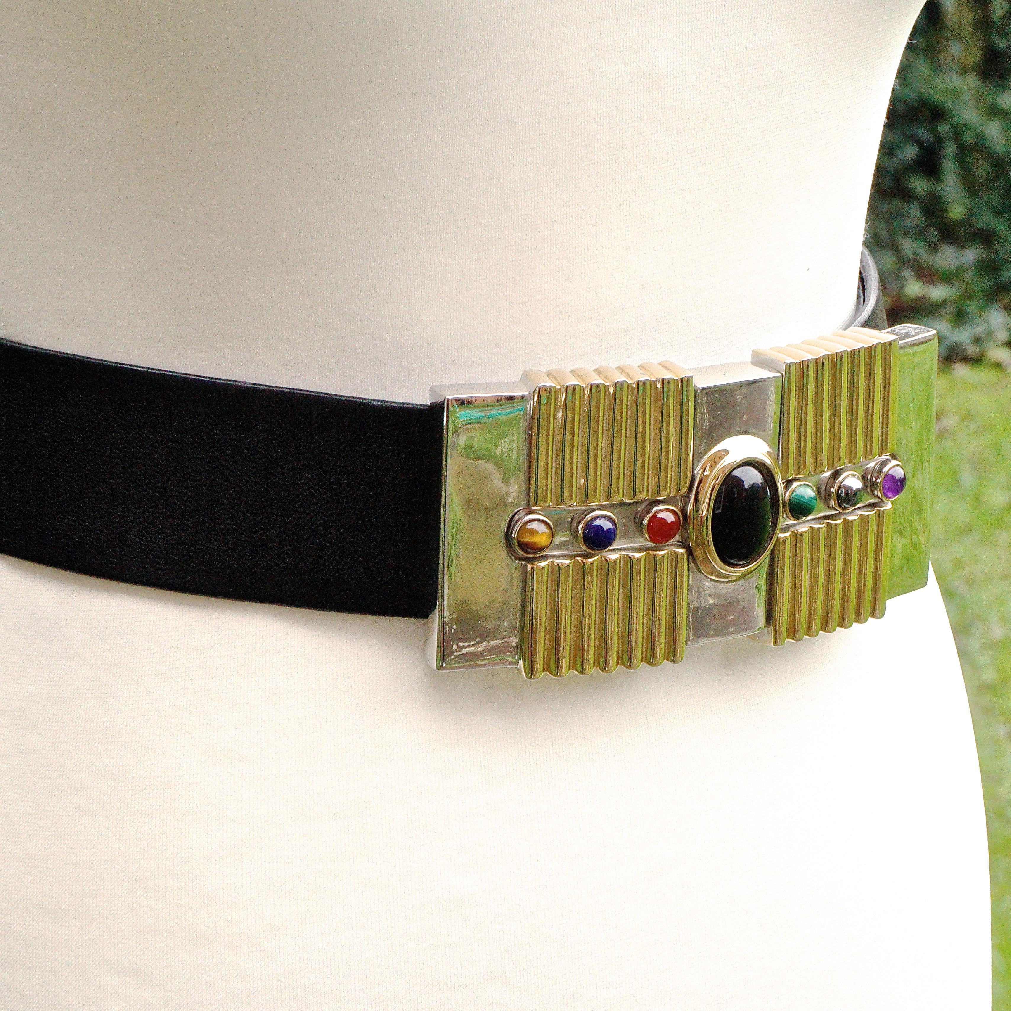 Alexis Kirk Black Leather Belt with Semi Precious Stones Buckle circa 1980s For Sale 3
