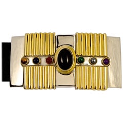 Used Alexis Kirk Black Leather Belt with Semi Precious Stones Buckle circa 1980s