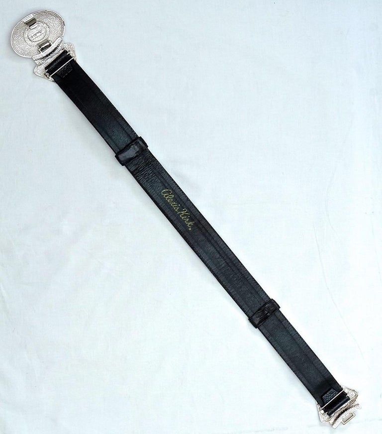 Alexis Kirk Black Snakeskin Belt Silver Buckle Vintage Alexis Kirk Silver Tone Belt: Black Enamel Buckle  main image 2
