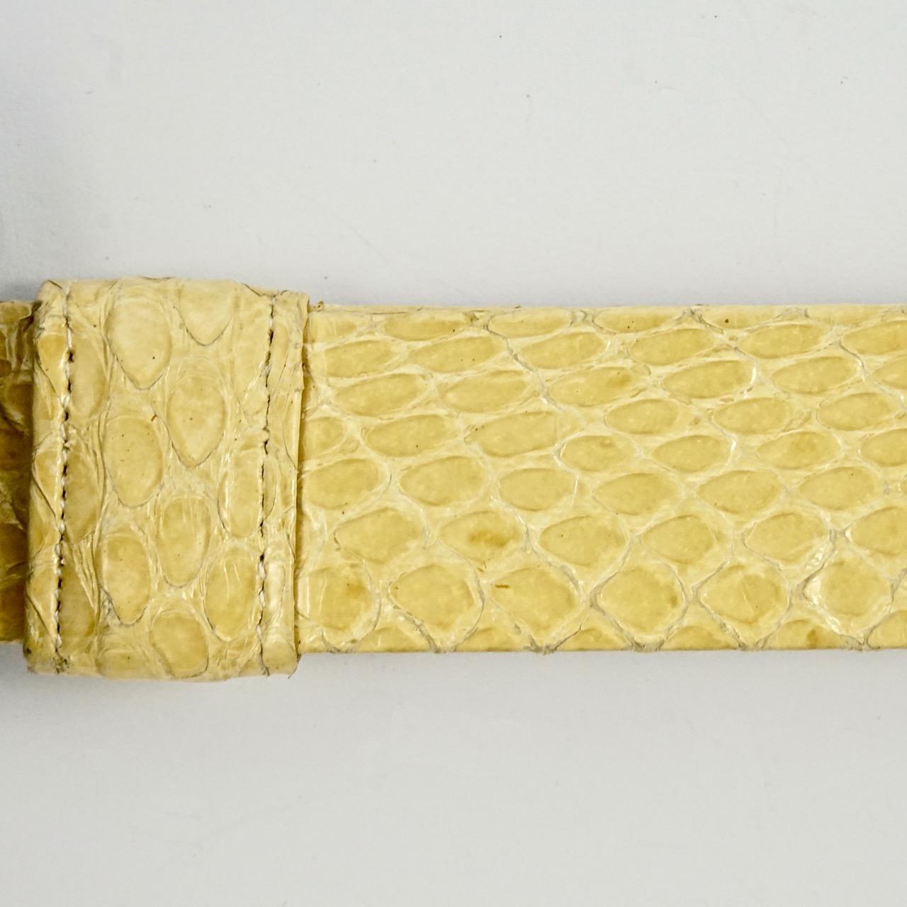 Beige Alexis Kirk Cream Yellow Snakeskin Belt with Gold Plated Silver Plated Buckle