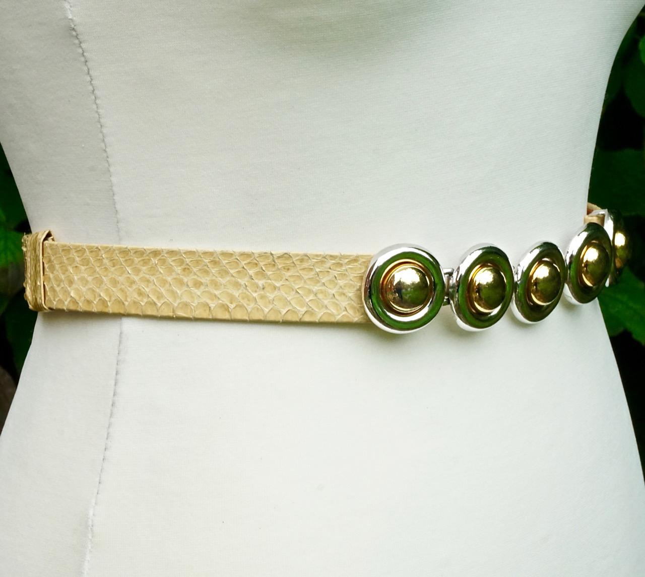 Alexis Kirk Cream Yellow Snakeskin Belt with Gold Plated Silver Plated Buckle 1