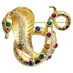 Alexis Kirk Gold Plated Cobra Snake Brooch with Rhinestones circa 1980s