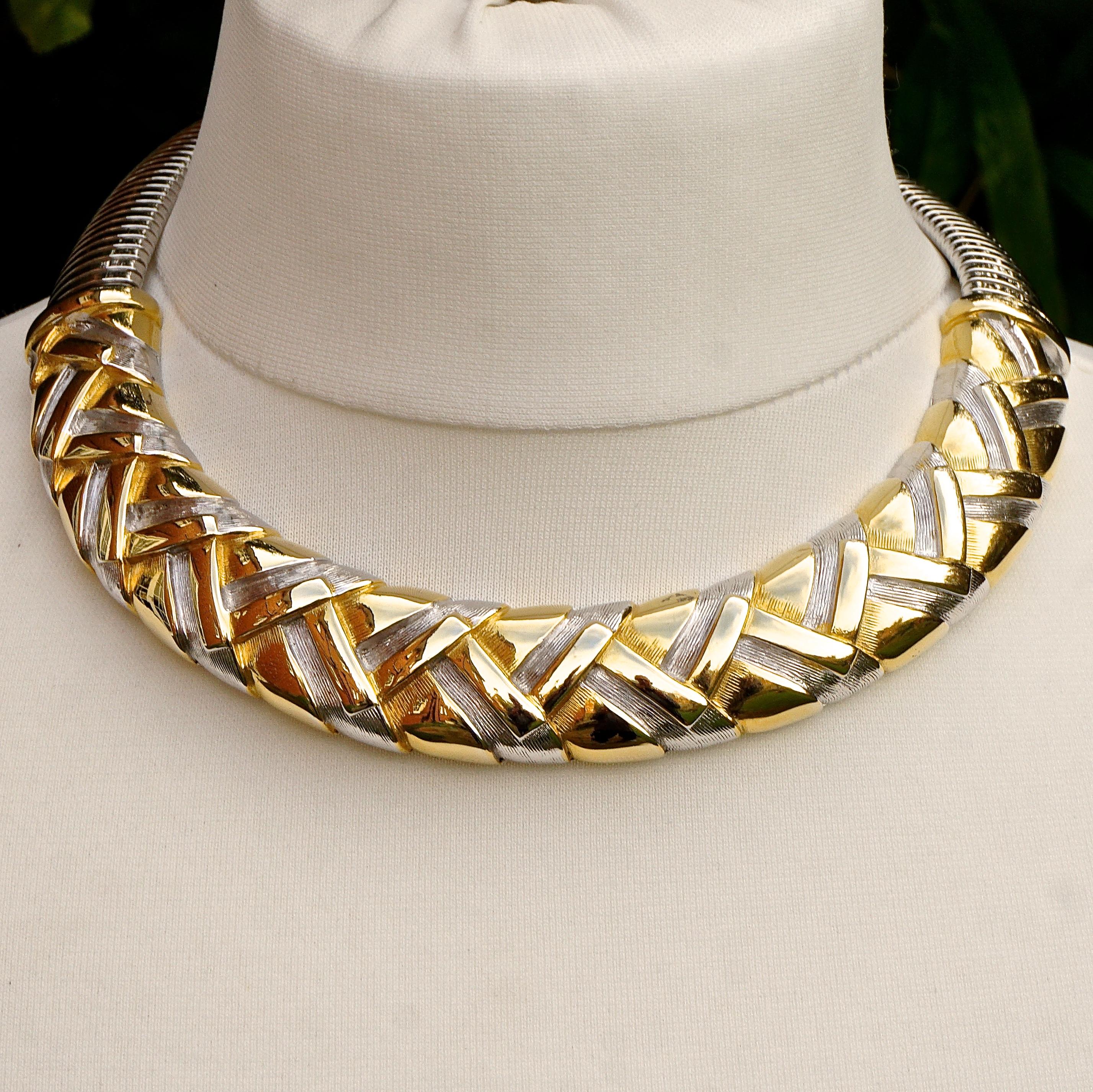 Alexis Kirk Gold Tone and Silver Tone Statement Choker Necklace circa 1980s 5