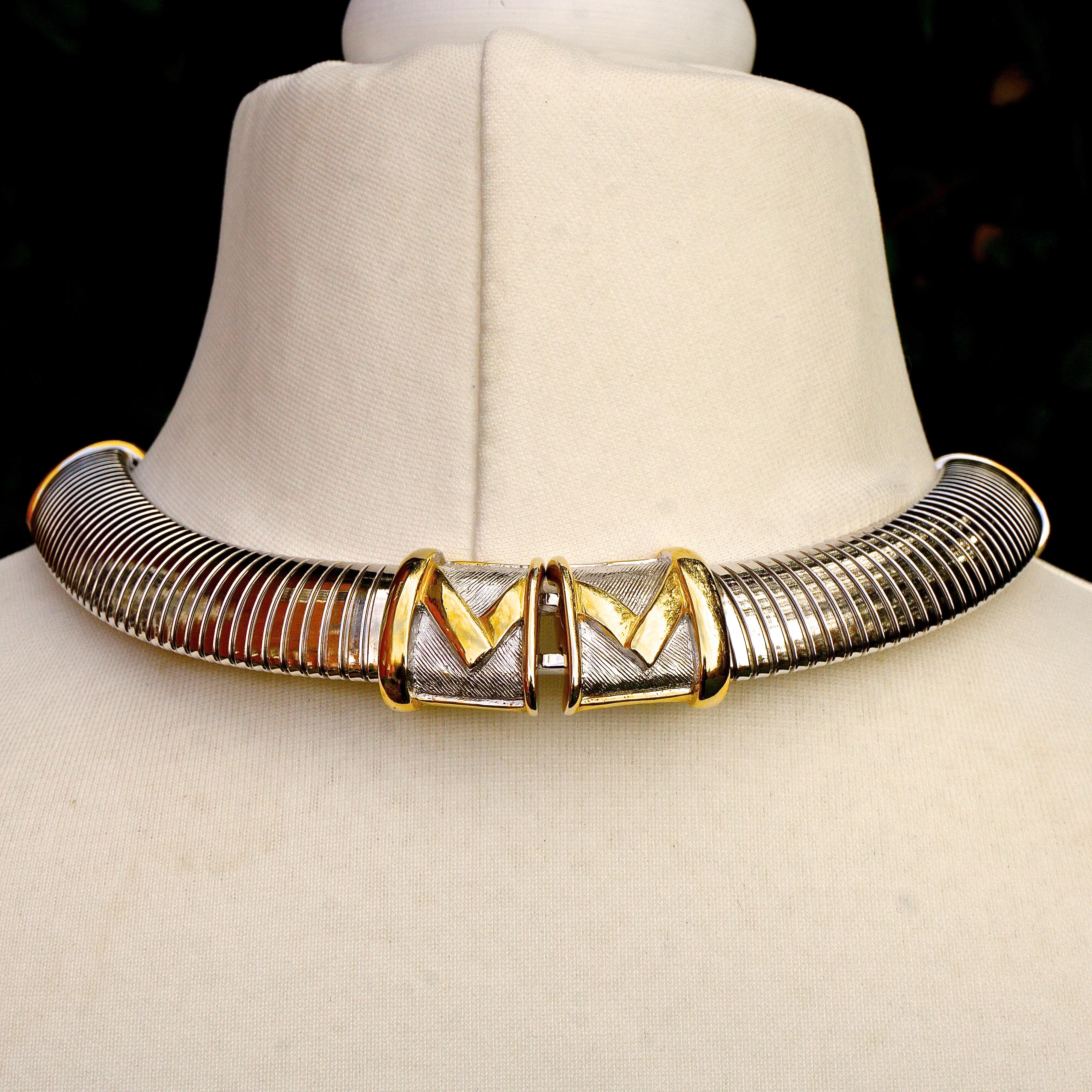 Alexis Kirk Gold Tone and Silver Tone Statement Choker Necklace circa 1980s 6