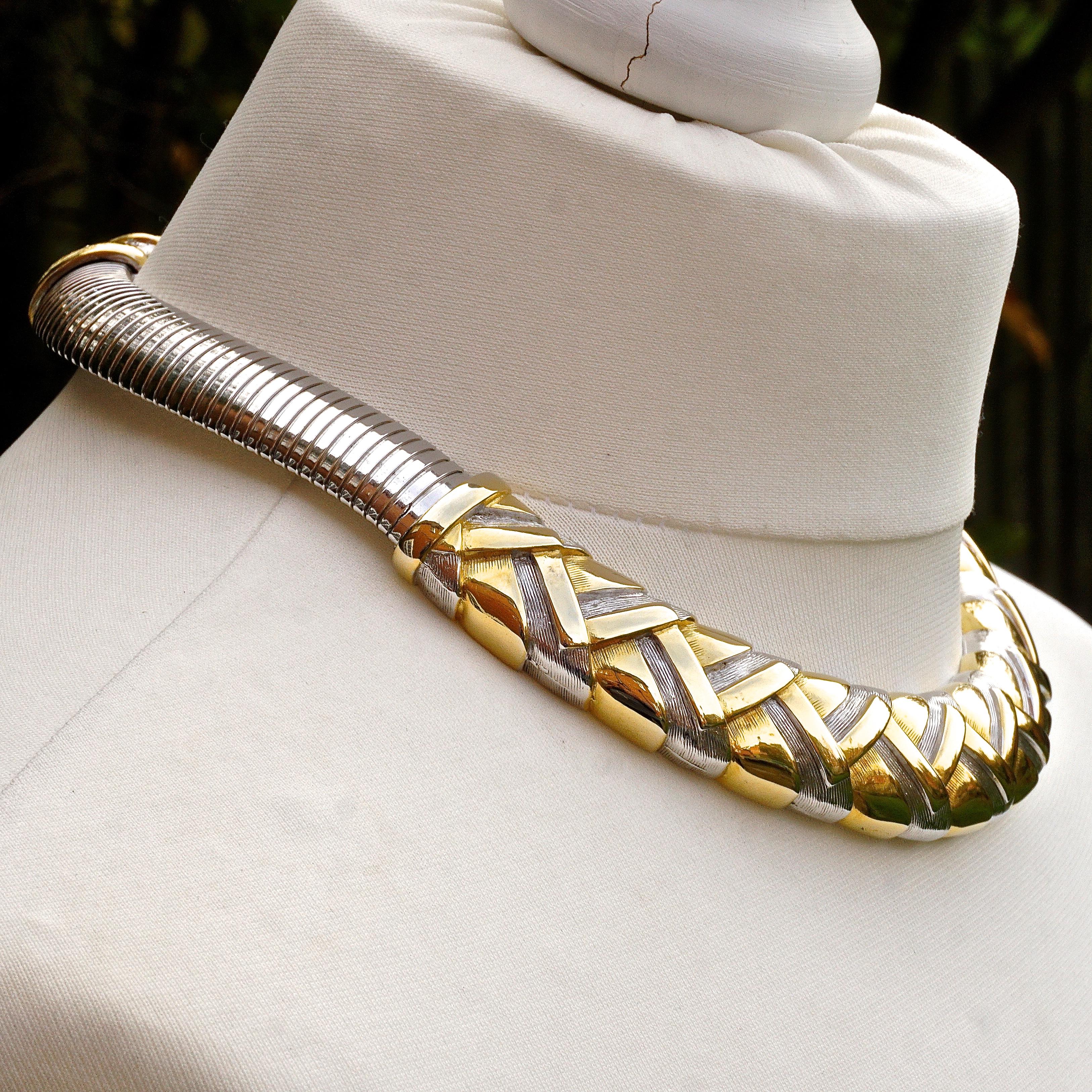 Alexis Kirk Gold Tone and Silver Tone Statement Choker Necklace circa 1980s 4