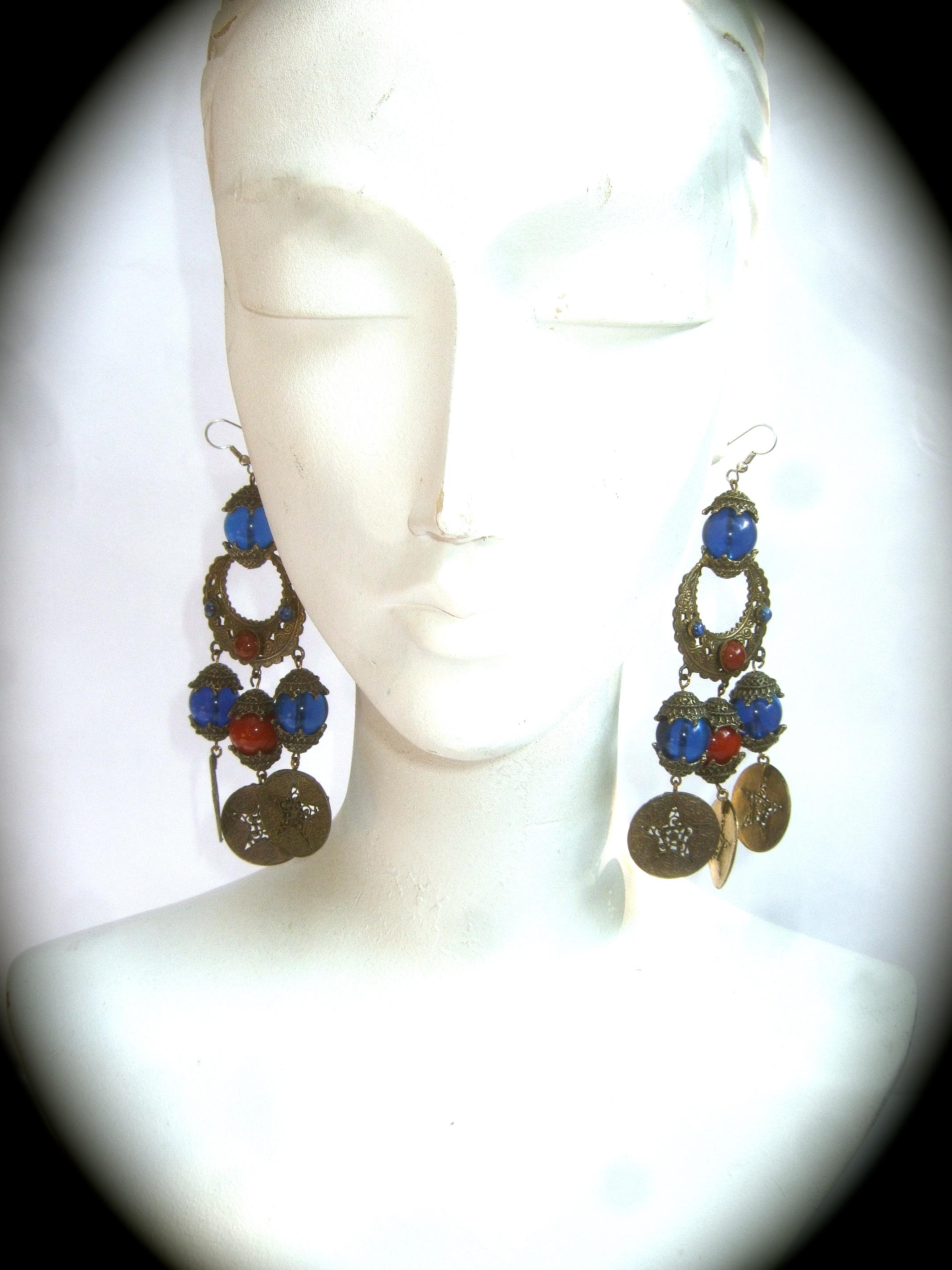 Alexis Kirk Massive Etruscan Glass Beaded Dangling Statement Earrings c 1970s  7