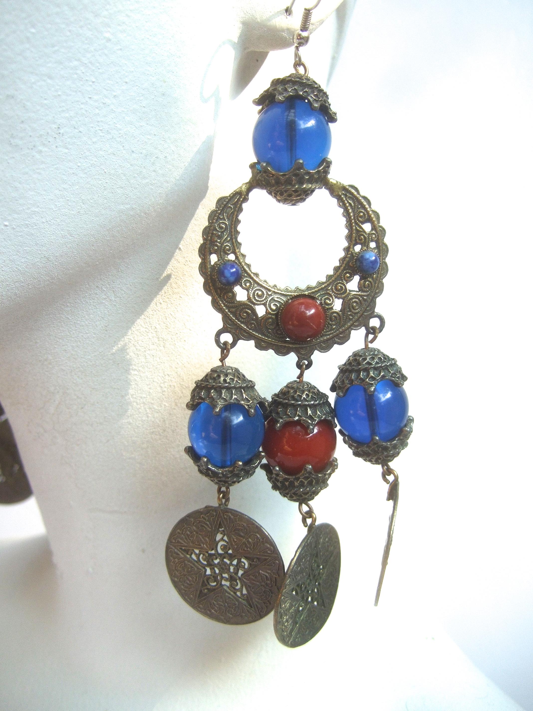Alexis Kirk Massive Etruscan Glass Beaded Dangling Statement Earrings c 1970s  In Good Condition In University City, MO