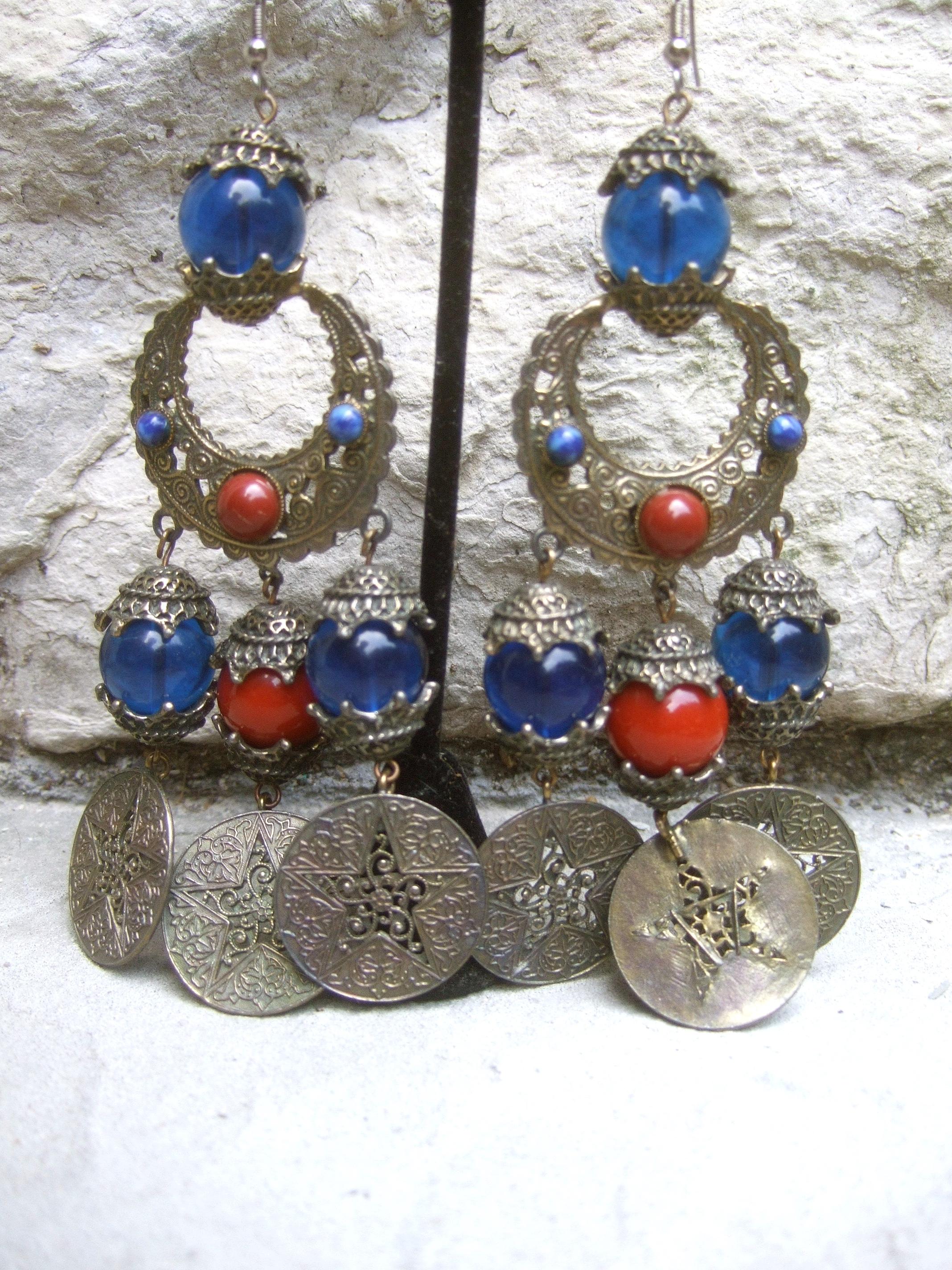 Women's Alexis Kirk Massive Etruscan Glass Beaded Dangling Statement Earrings c 1970s 