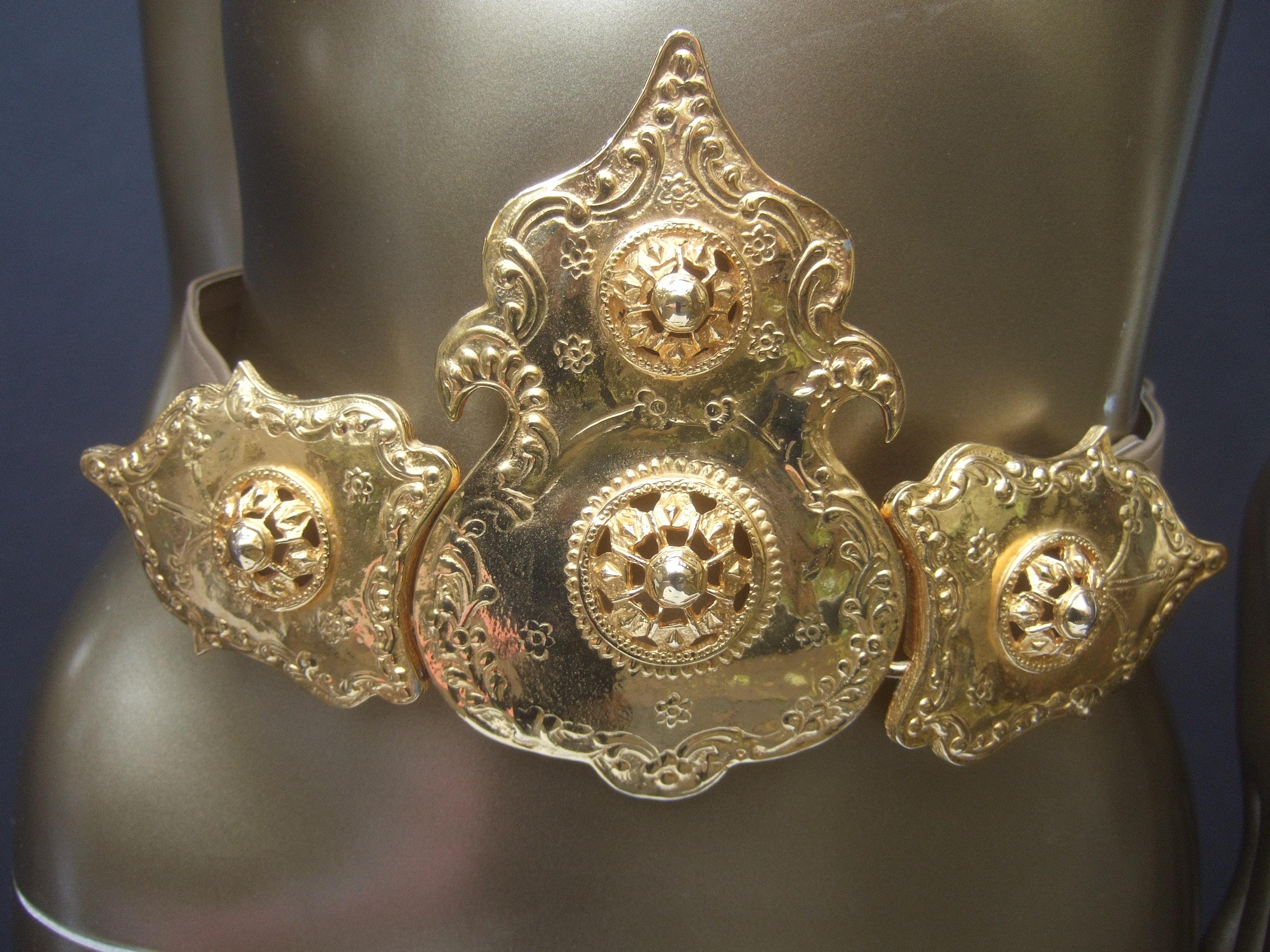 Brown Alexis Kirk Massive Etruscan Gold Buckle Statement Belt c 1980s For Sale