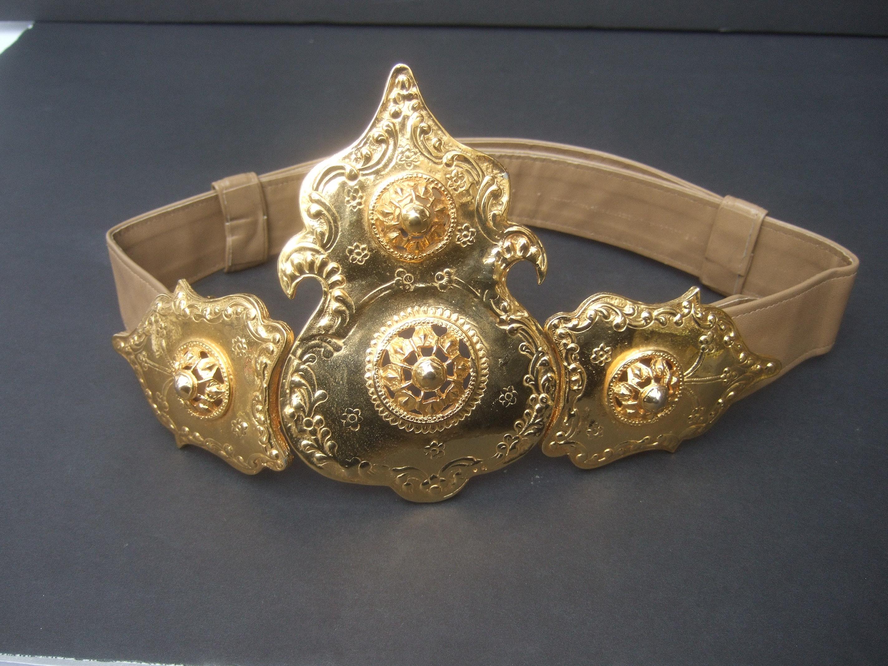 Women's Alexis Kirk Massive Etruscan Gold Buckle Statement Belt c 1980s For Sale