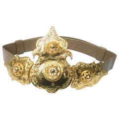 Alexis Kirk Massive Etruscan Gold Buckle Statement Belt c 1980s