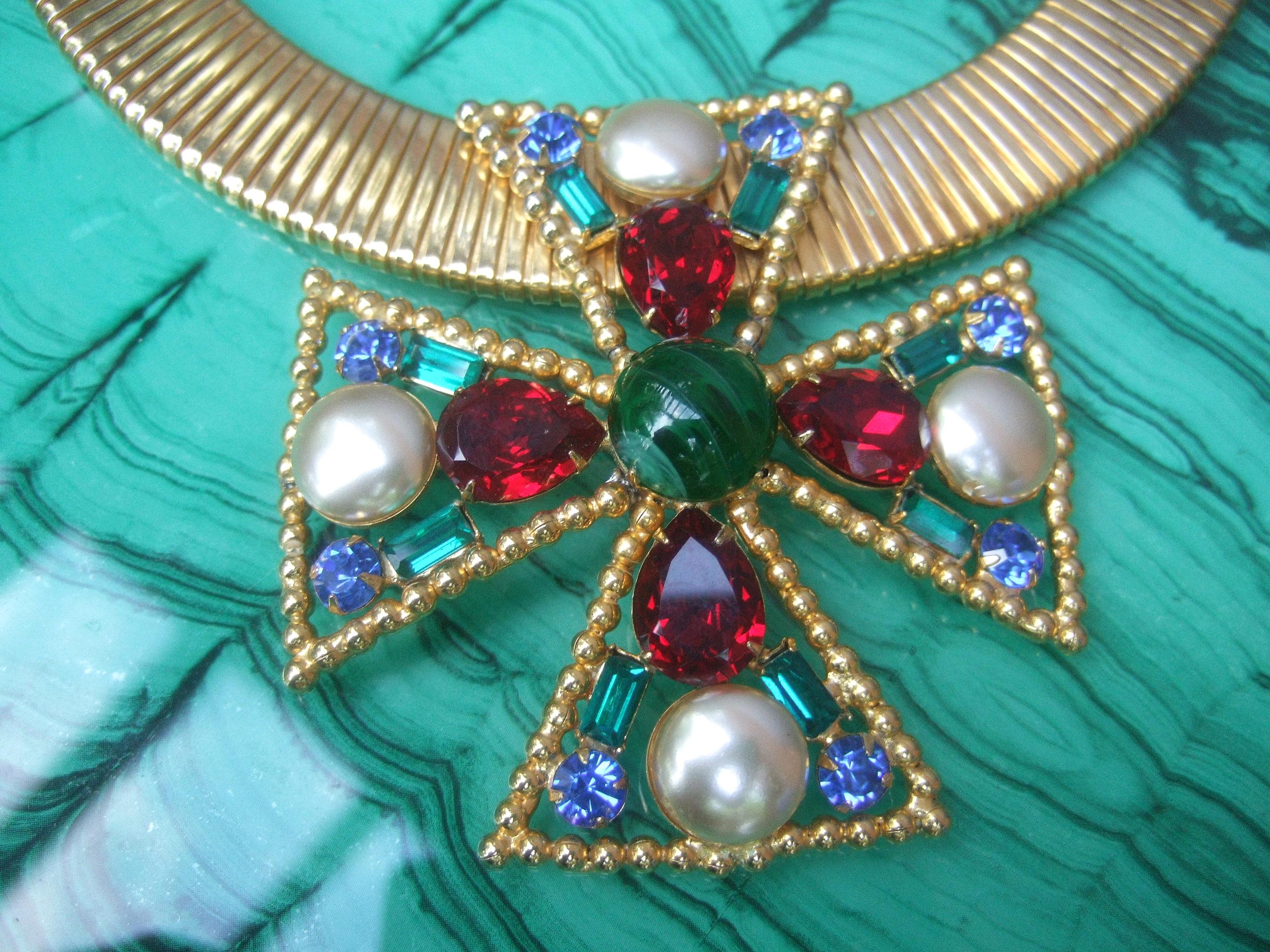 Alexis Kirk Massive Glass Jeweled Maltese Cross Choker Necklace c 1980 2