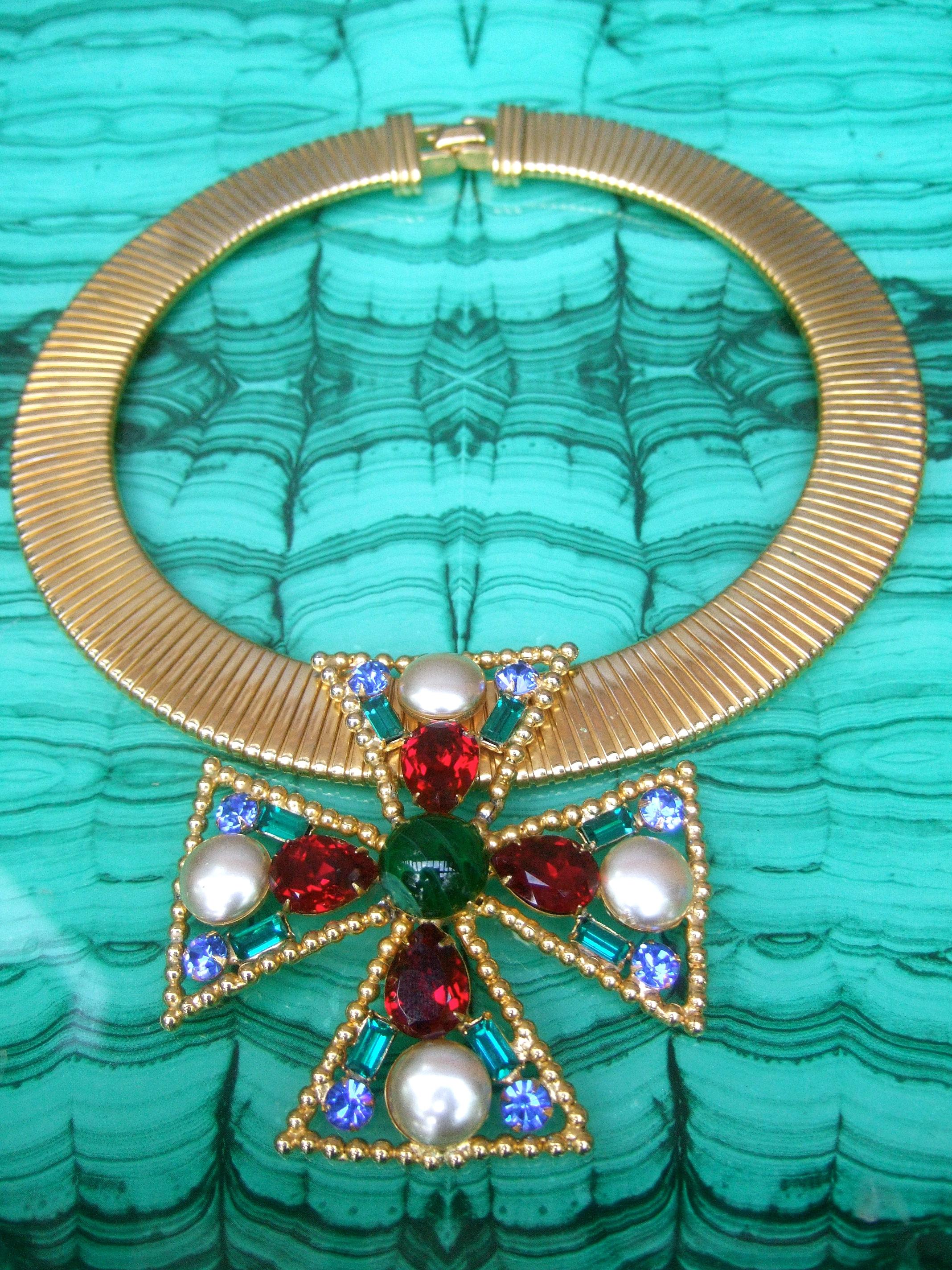 Alexis Kirk Massive Glass Jeweled Maltese Cross Choker Necklace c 1980 3