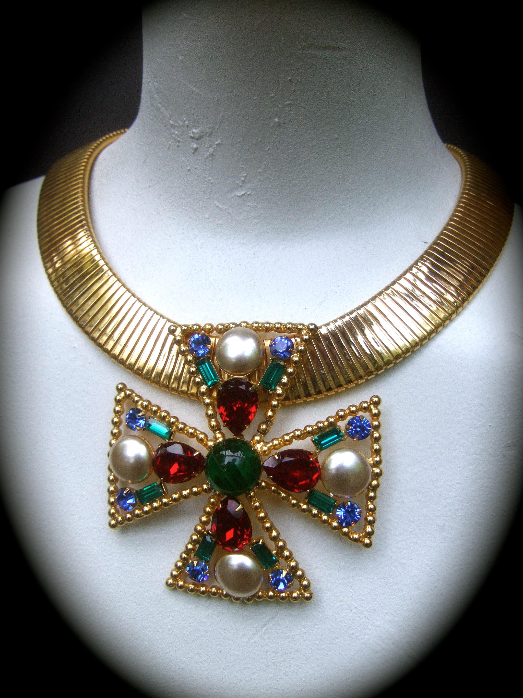 Alexis Kirk Massive Glass Jeweled Maltese Cross Choker Necklace c 1980 4