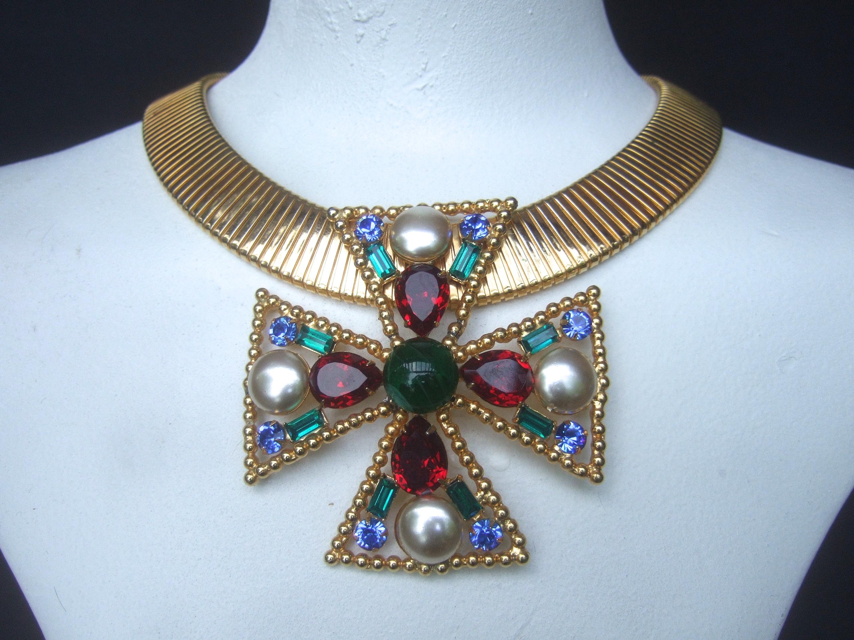 Alexis Kirk Massive Glass Jeweled Maltese Cross Choker Necklace c 1980 6