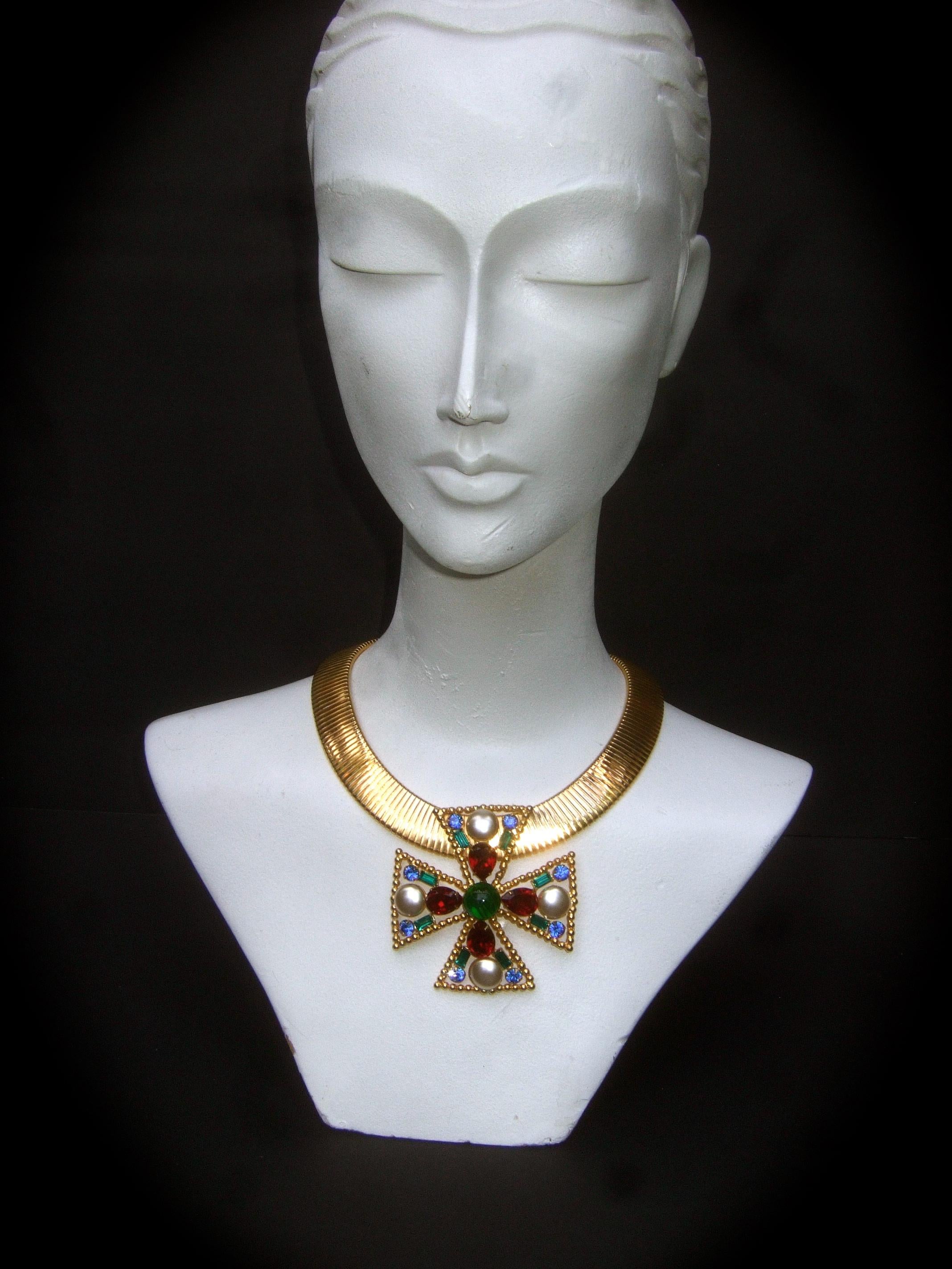 Alexis Kirk Massive Glass Jeweled Maltese Cross Choker Necklace c 1980 9