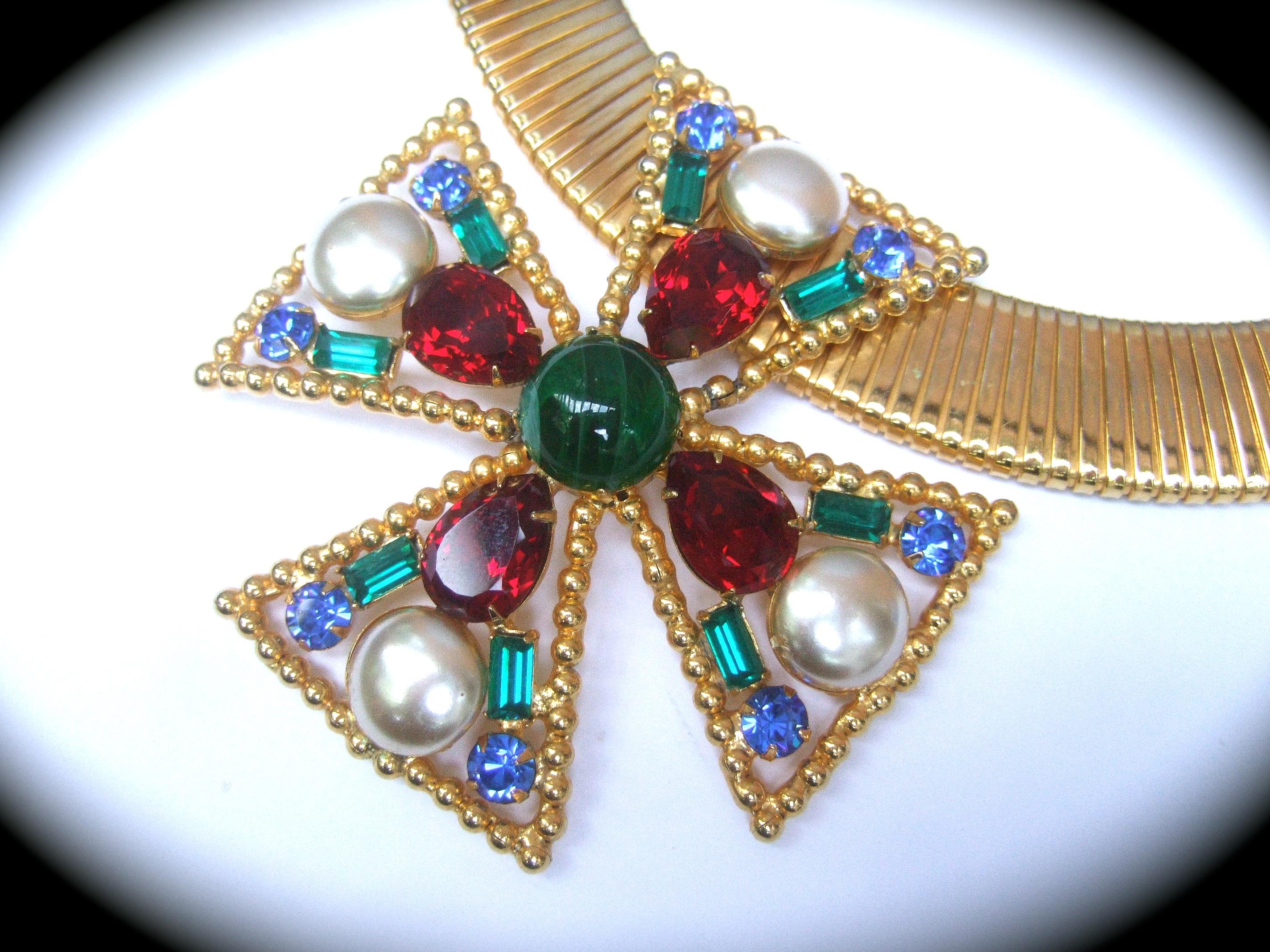 Modern Alexis Kirk Massive Glass Jeweled Maltese Cross Choker Necklace c 1980