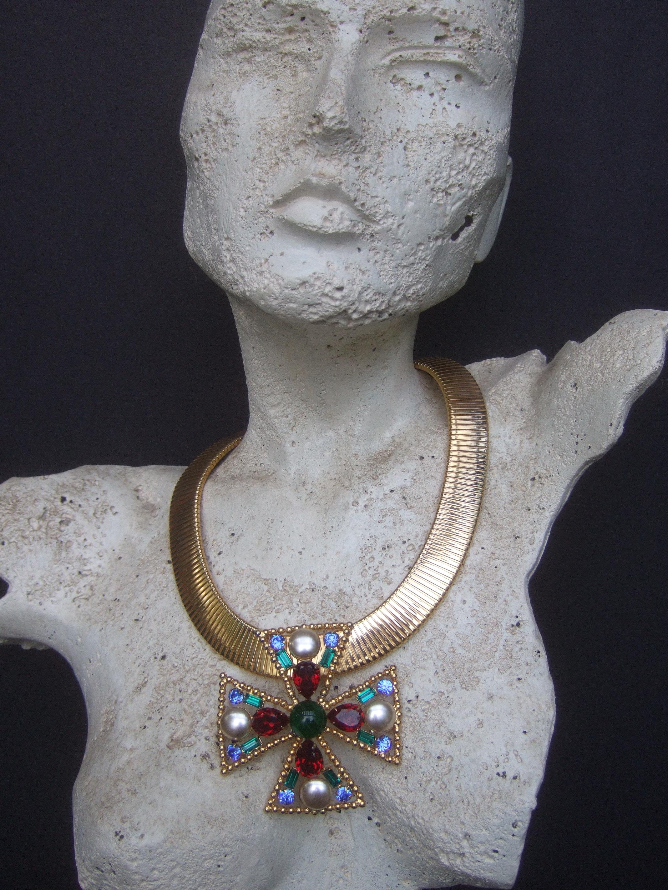 Alexis Kirk Massive Glass Jeweled Maltese Cross Choker Necklace c 1980 In Good Condition In University City, MO