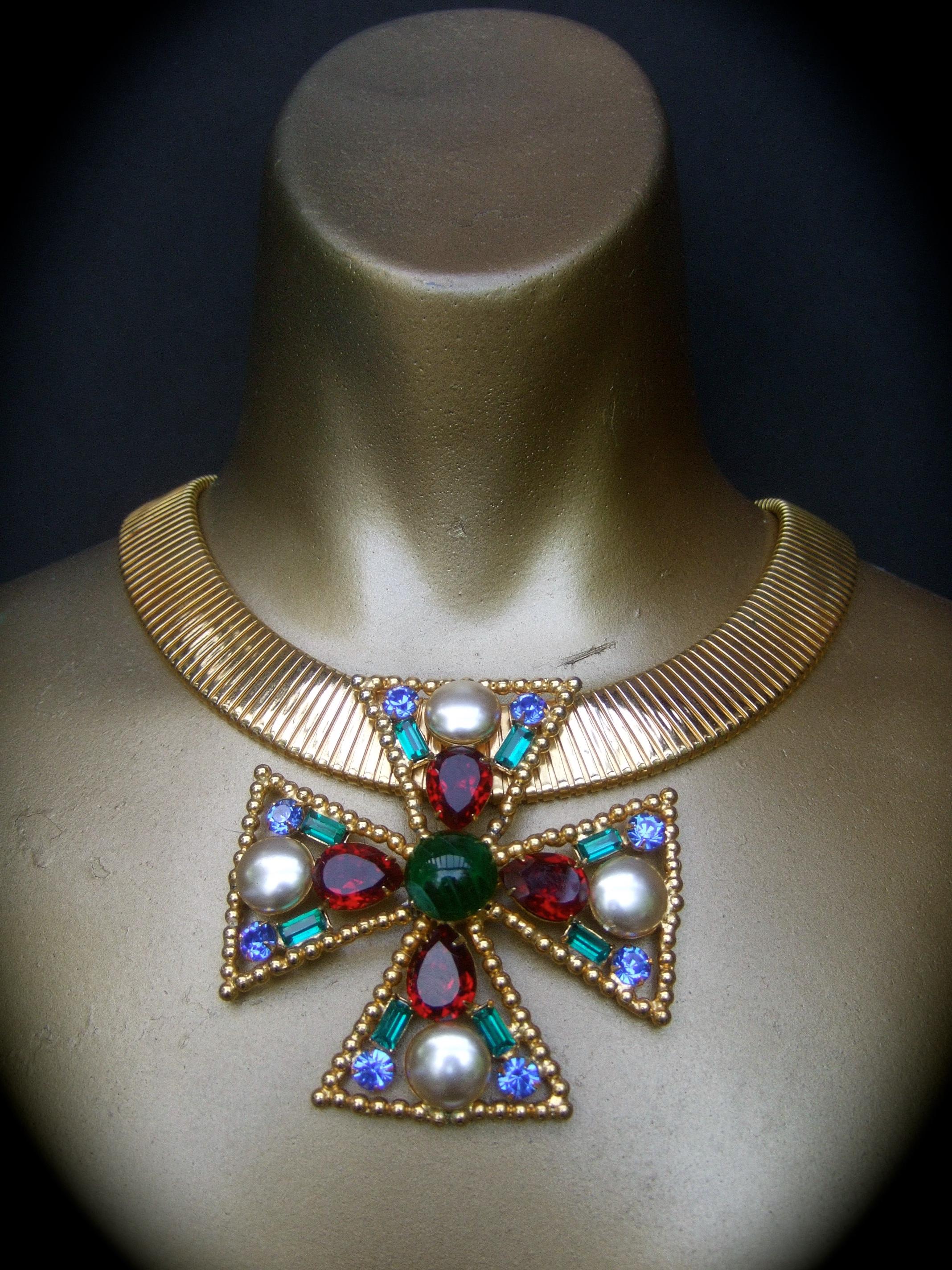 Alexis Kirk Massive Glass Jeweled Maltese Cross Choker Necklace c 1980 1