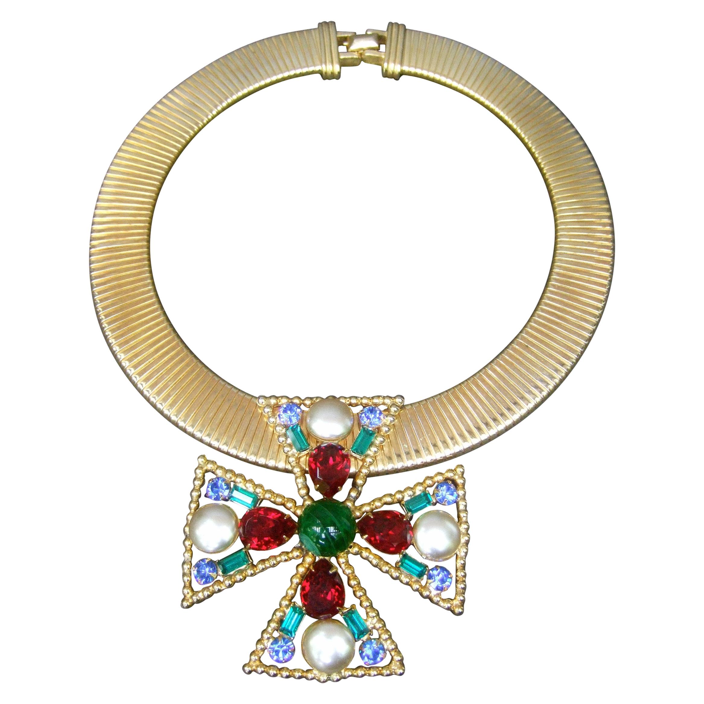 Alexis Kirk Massive Glass Jeweled Maltese Cross Choker Necklace c 1980