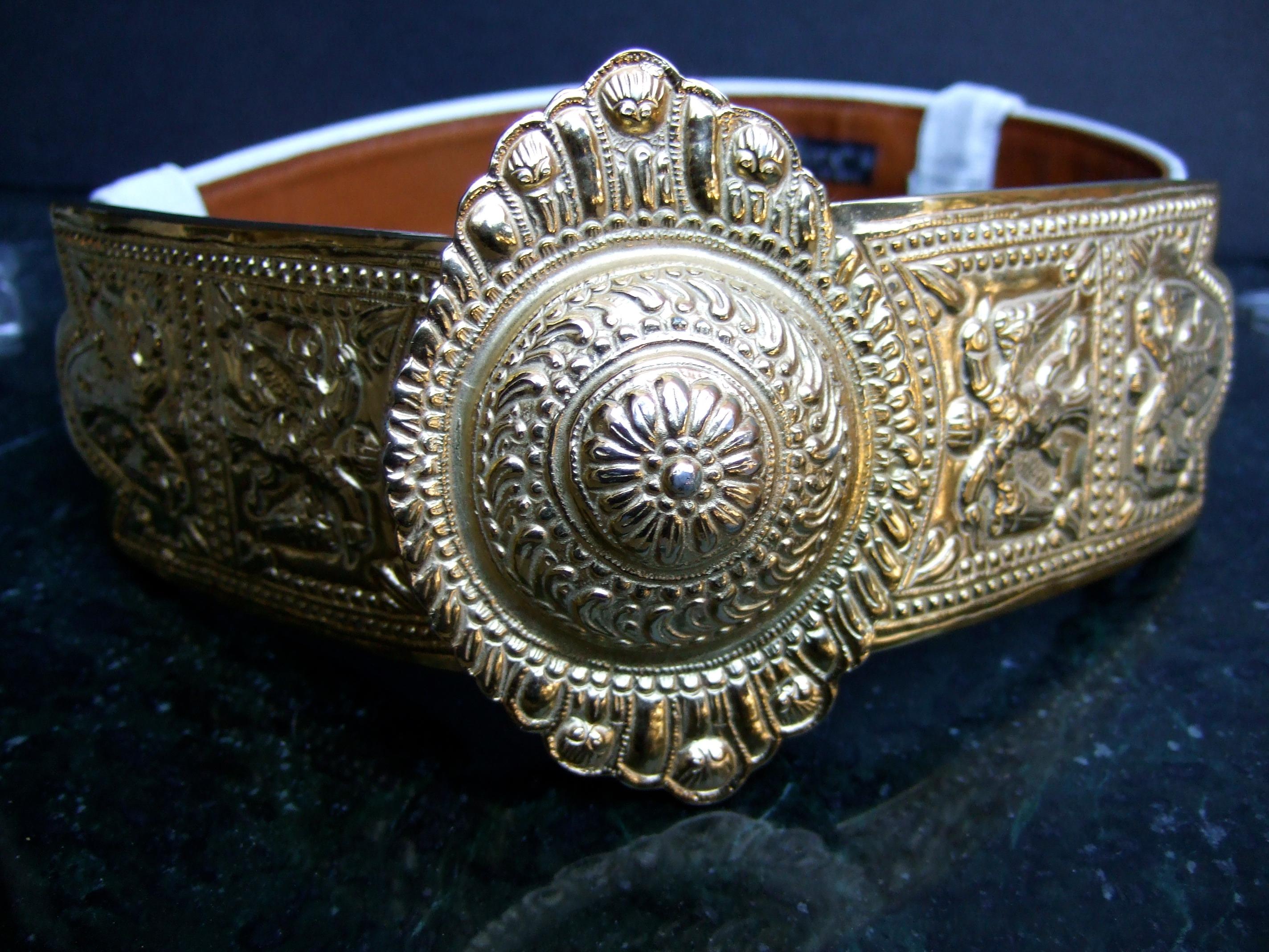 Alexis Kirk Massive Ornate Etruscan Style Embossed White Leather Belt c 1980s 2