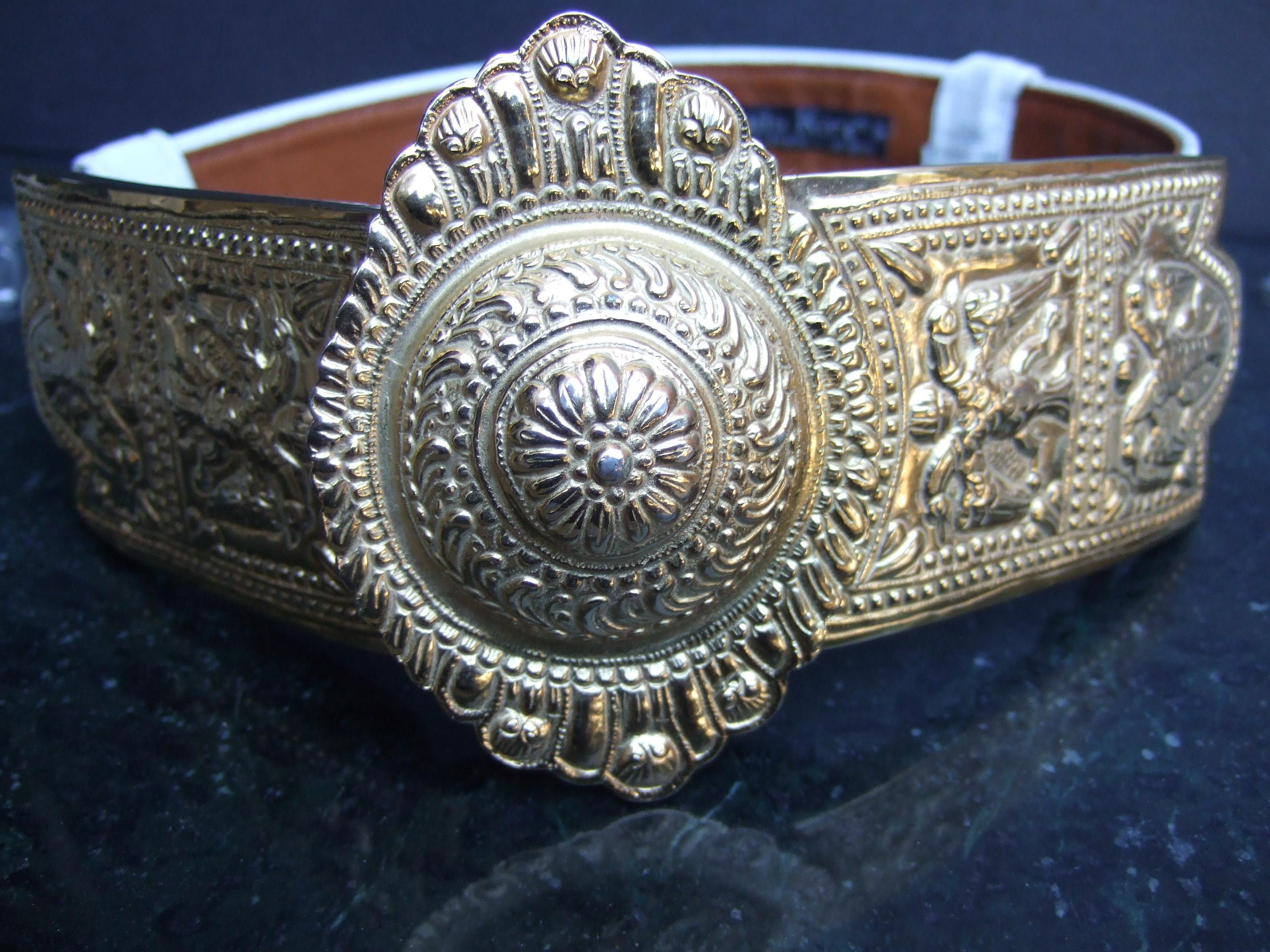 Alexis Kirk Massive Ornate Etruscan Style Embossed White Leather Belt c 1980s 1