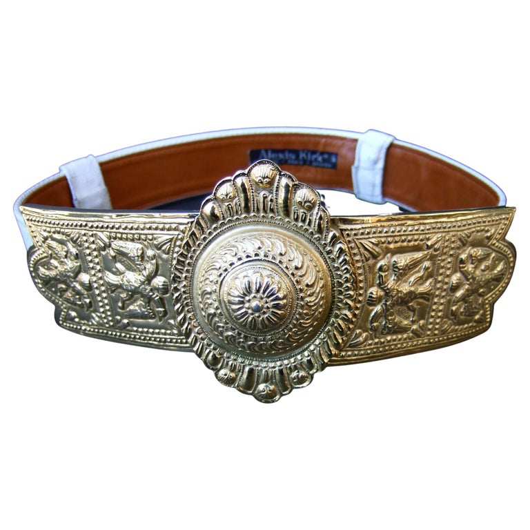 Alexis Kirk Massive Ornate Etruscan Style Embossed White Leather Belt c 1980s For Sale