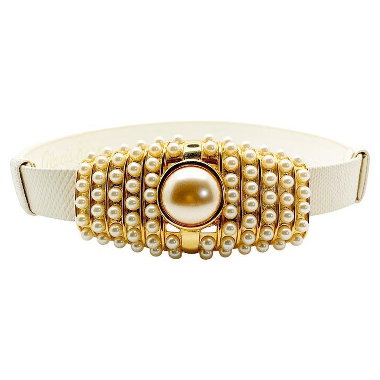 Alexis Kirk Statement Pearl Buckle & Leather Belt 1980s For Sale