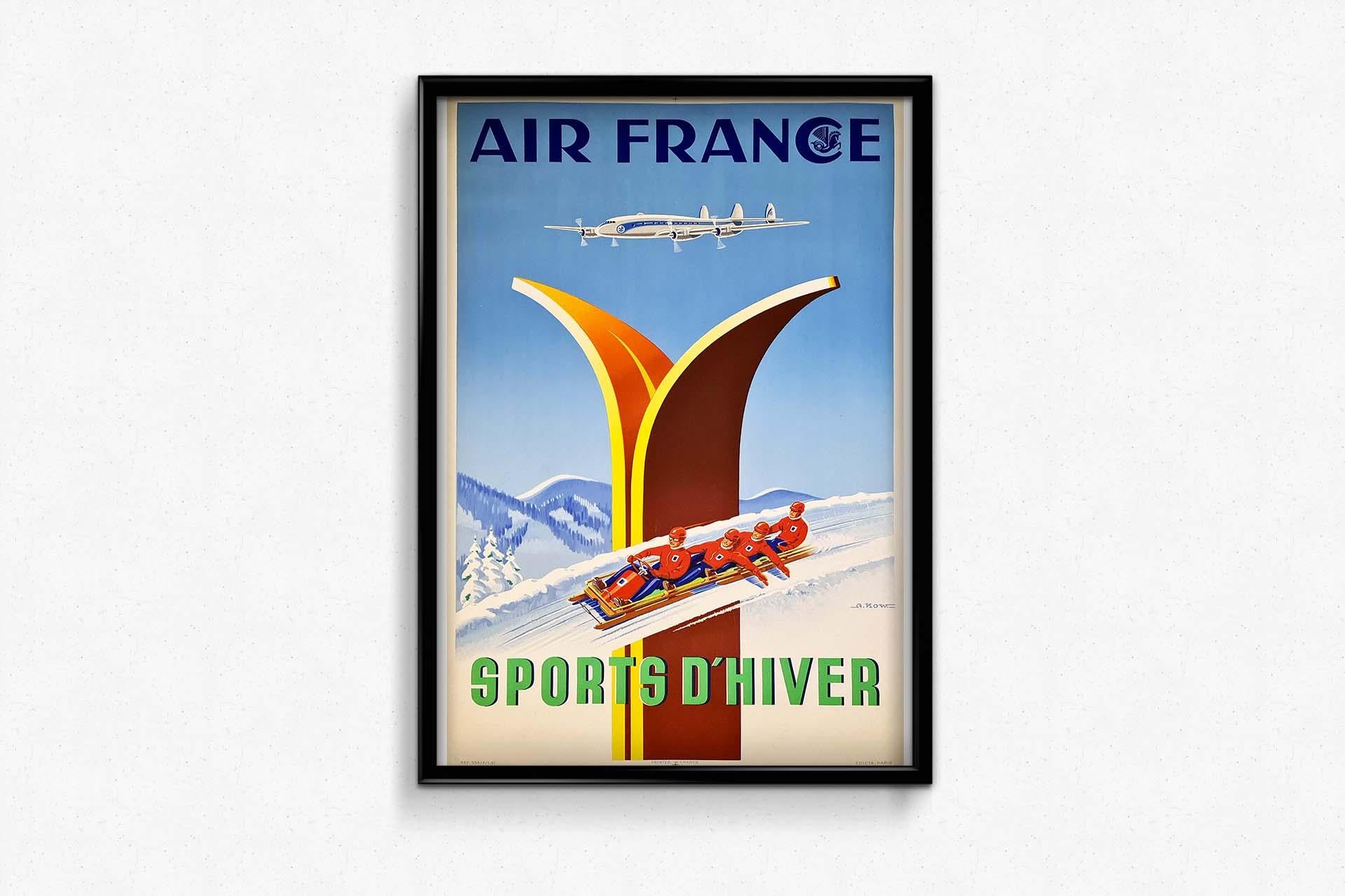 This original Air France poster from 1951 is signed by Alexis Kow and is a lithograph printed by Havas. He designed travel posters for the French Riviera, which he was personally fond of. The men's 4-man bobsled team is shown here speeding past a