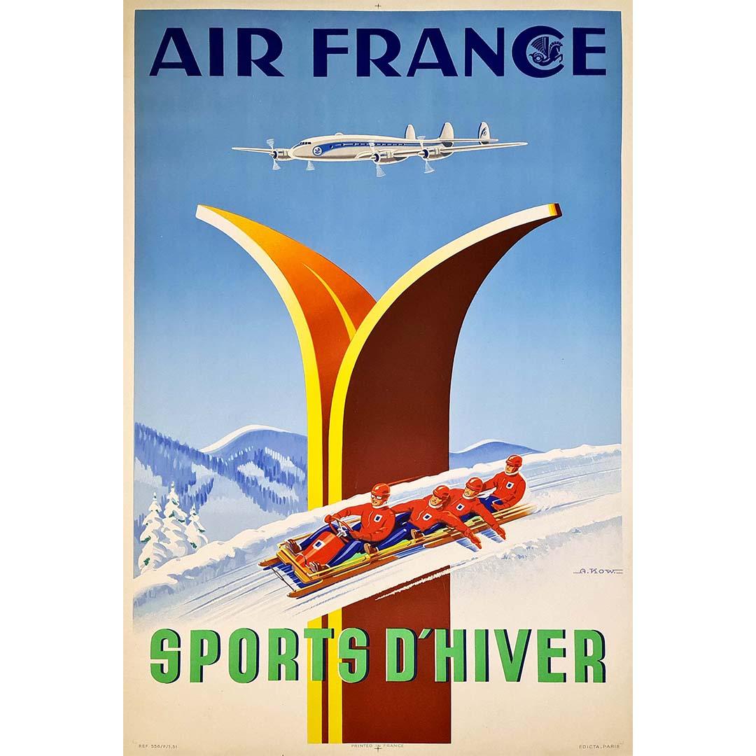 Original poster from 1951 is signed by Alexis Kow Air France Winter Sports For Sale 1