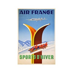 Original poster from 1951 is signed by Alexis Kow Air France Winter Sports