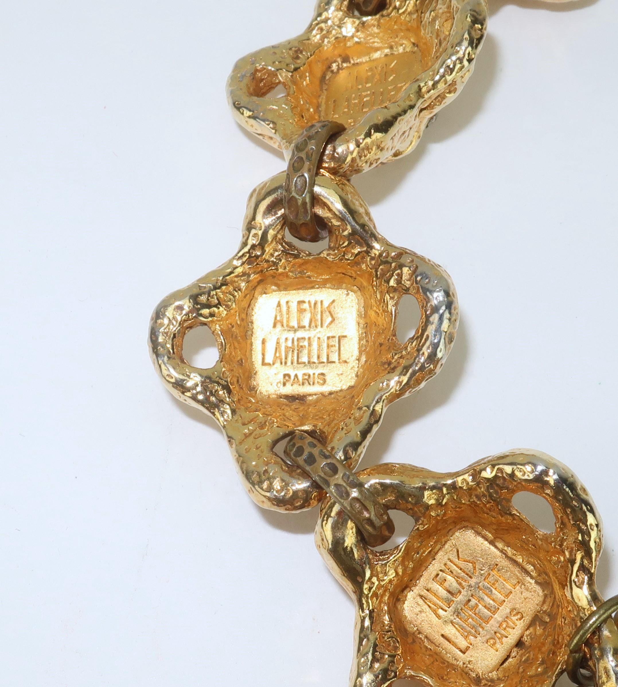 ALEXIS LAHELLEC Brutalistische goldfarbene und strassbesetzte französische Latzhalskette, 1980er Jahre im Angebot 5