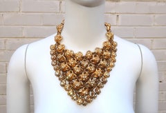 ALEXIS LAHELLEC Brutalist Gold Tone & Rhinestone French Bib Necklace, 1980’s