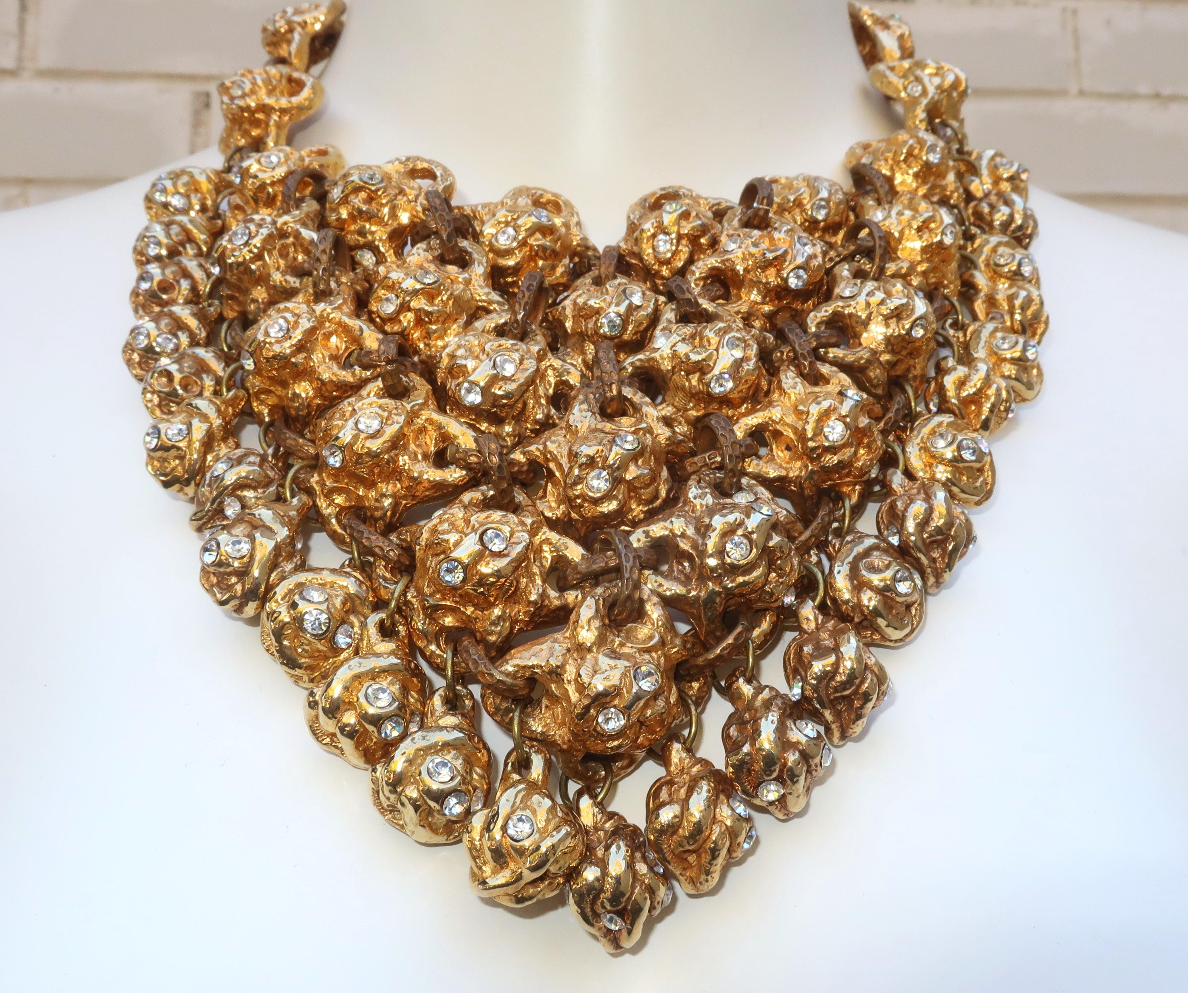 Modernist ALEXIS LAHELLEC Brutalist Gold Tone & Rhinestone French Bib Necklace, 1980’s For Sale