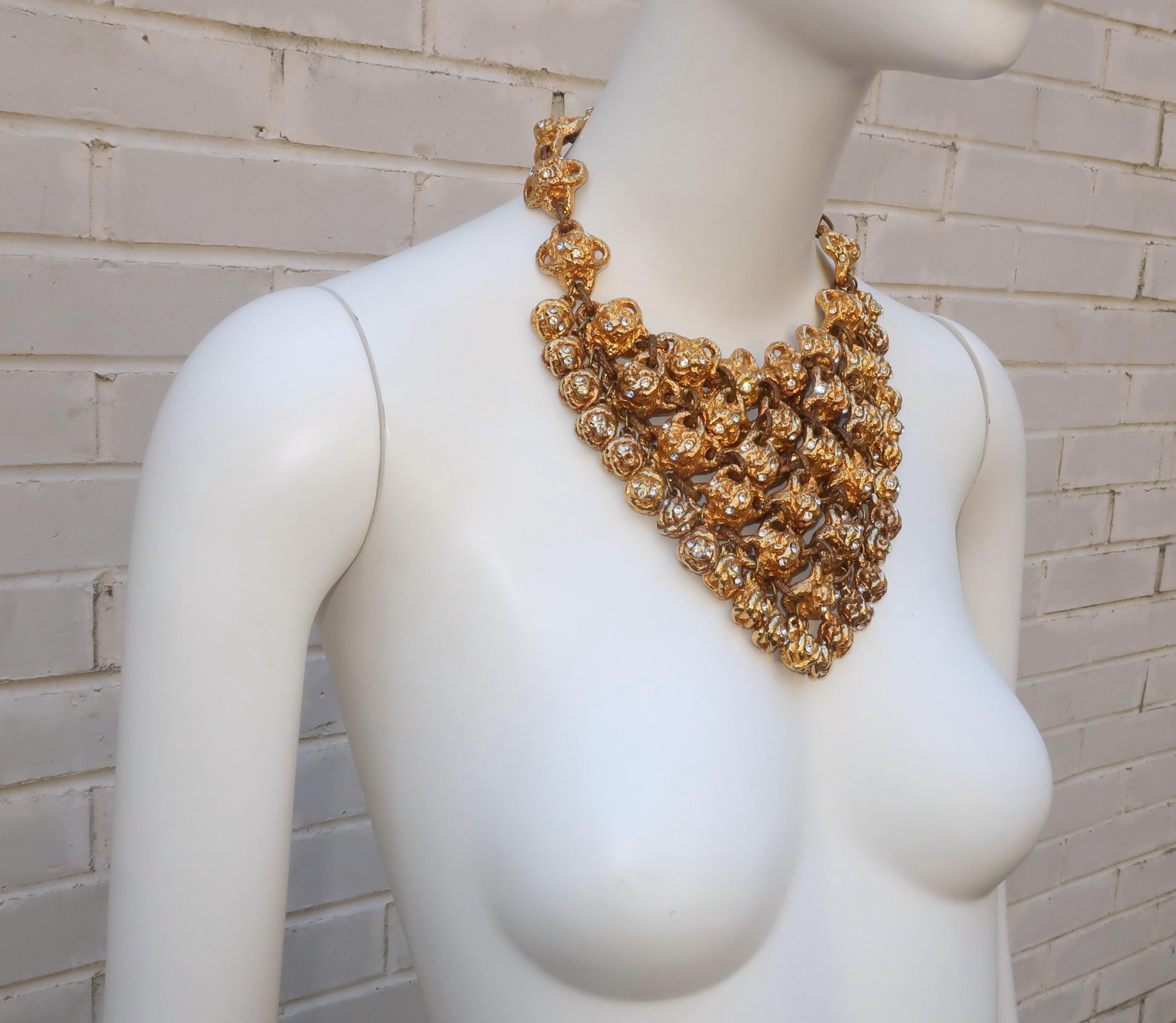 ALEXIS LAHELLEC Brutalist Gold Tone & Rhinestone French Bib Necklace, 1980’s In Good Condition For Sale In Atlanta, GA