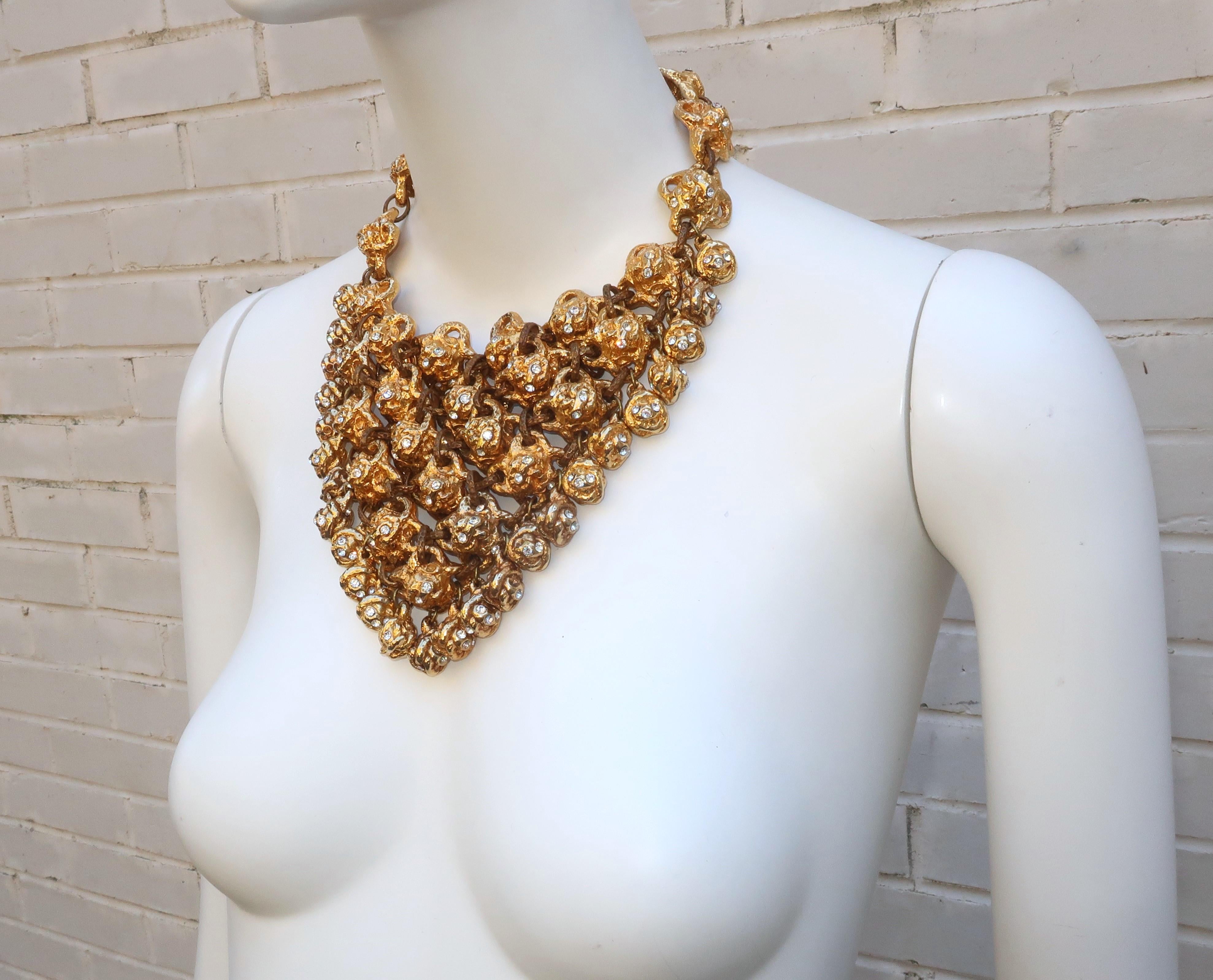 Women's ALEXIS LAHELLEC Brutalist Gold Tone & Rhinestone French Bib Necklace, 1980’s For Sale