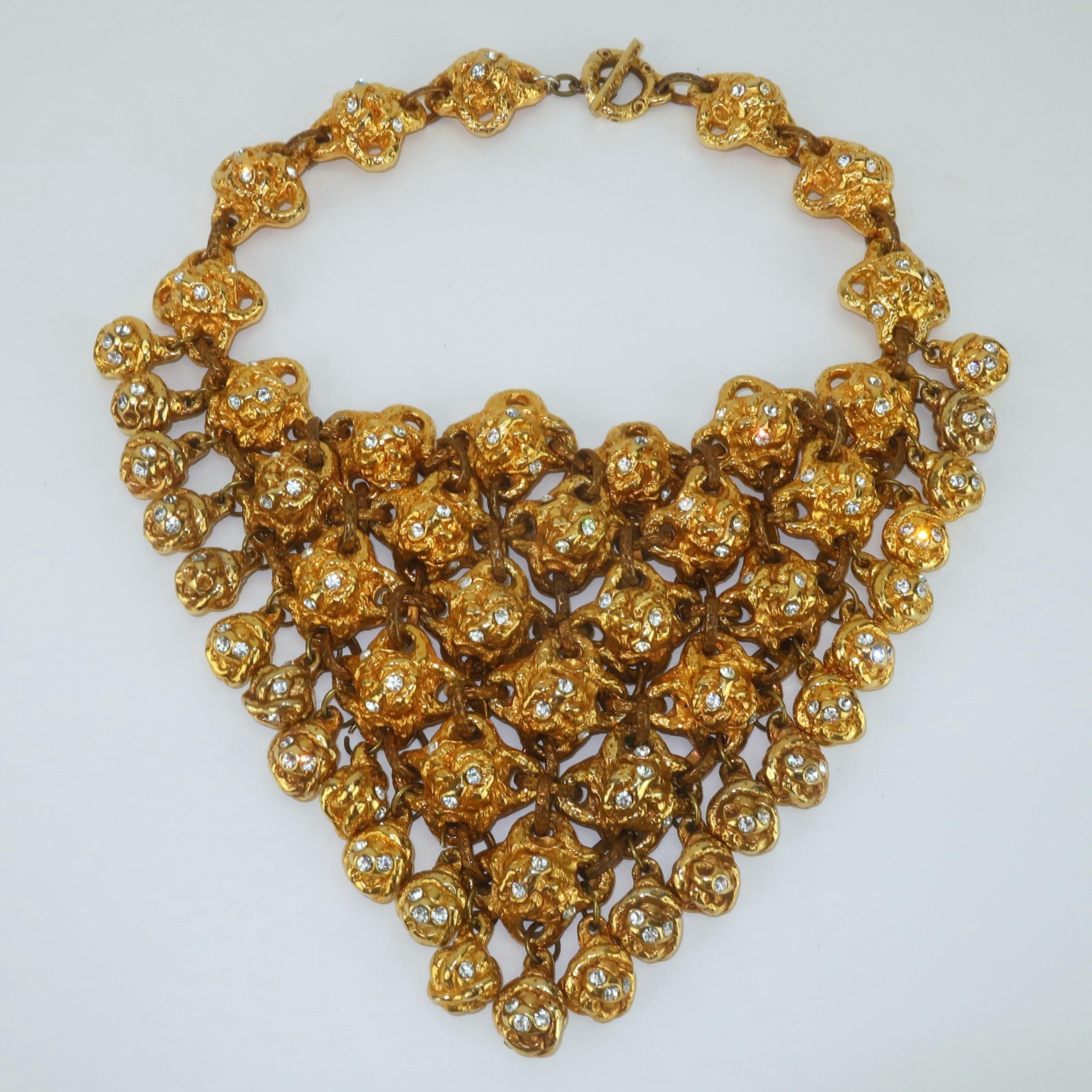 ALEXIS LAHELLEC Brutalist Gold Tone & Rhinestone French Bib Necklace, 1980’s For Sale 1