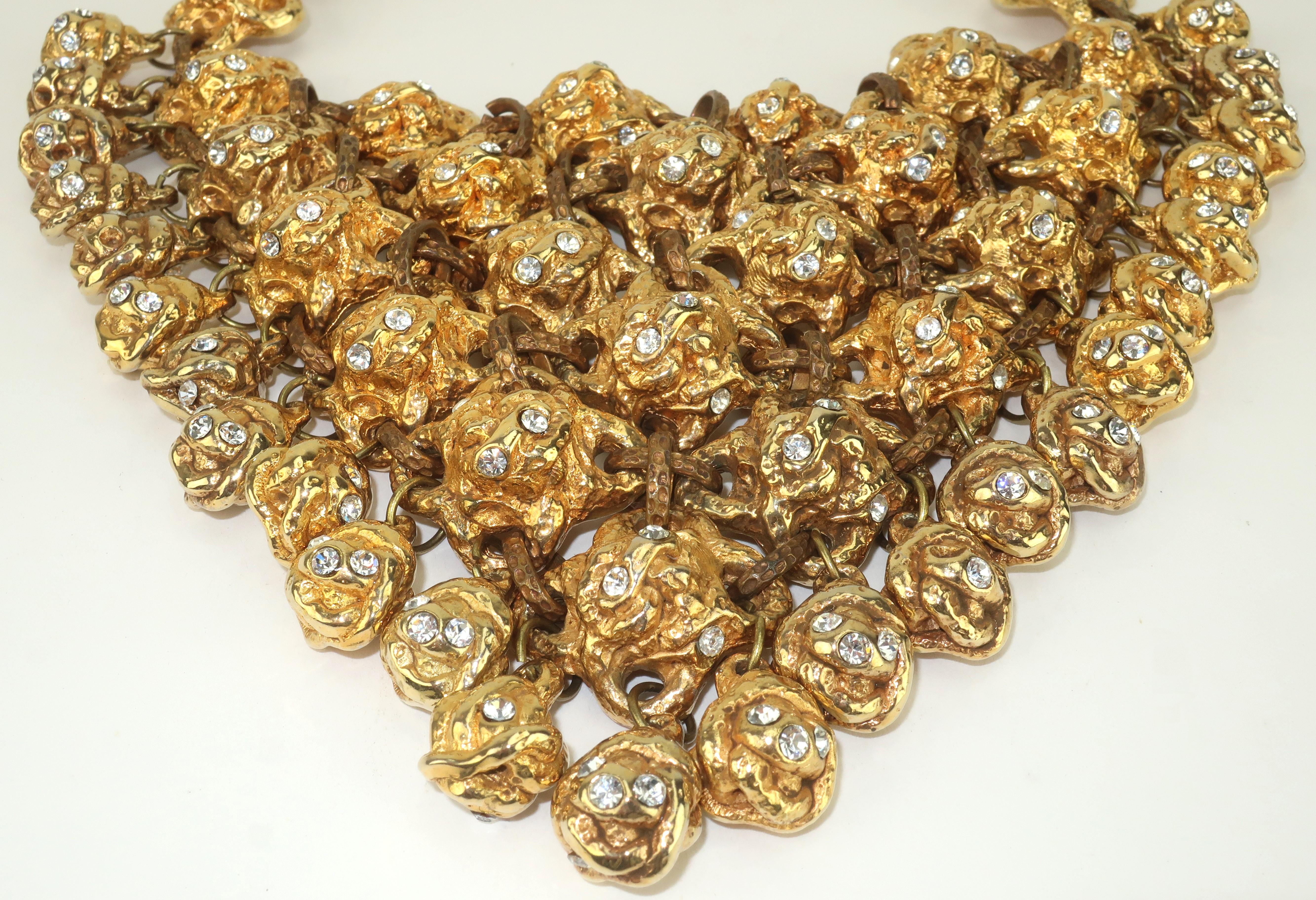 ALEXIS LAHELLEC Brutalist Gold Tone & Rhinestone French Bib Necklace, 1980’s For Sale 2